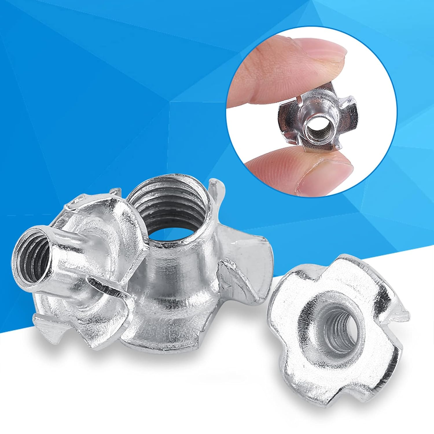 M3-M8 T Nuts Set,Zinc Plated Carbon Steel T Nut Four-Pronged Tee Nuts for Woodworking Furniture (M6 (50 Pcs/Pack)) image number 1