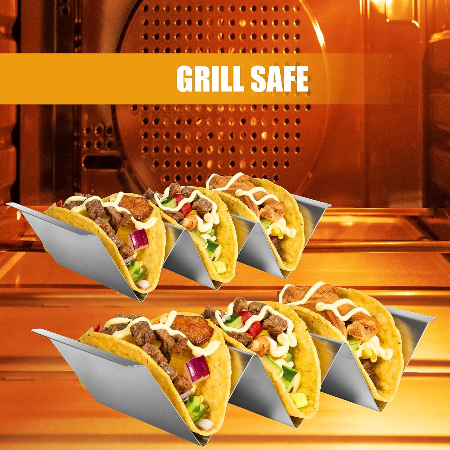 Taco Holders Set of 6, Taco Stand, Stainless Steel Taco Holder, with Easy-Access Handle, Each Can Hold 2 to 3 Tortillas, Oven Safe for Baking, Dishwasher and Microwave Safety image number 4