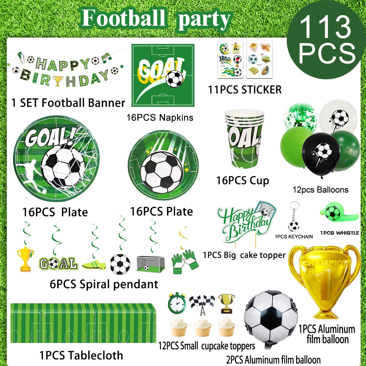 Soccer Birthday Party Supplies for 16 Guests, Soccer Party Decorations with Banner, Balloons, Tablecloth, Plates, Cups, Napkins, Whistle, Keychain, Boys Sports Theme Birthday Decor image number 5