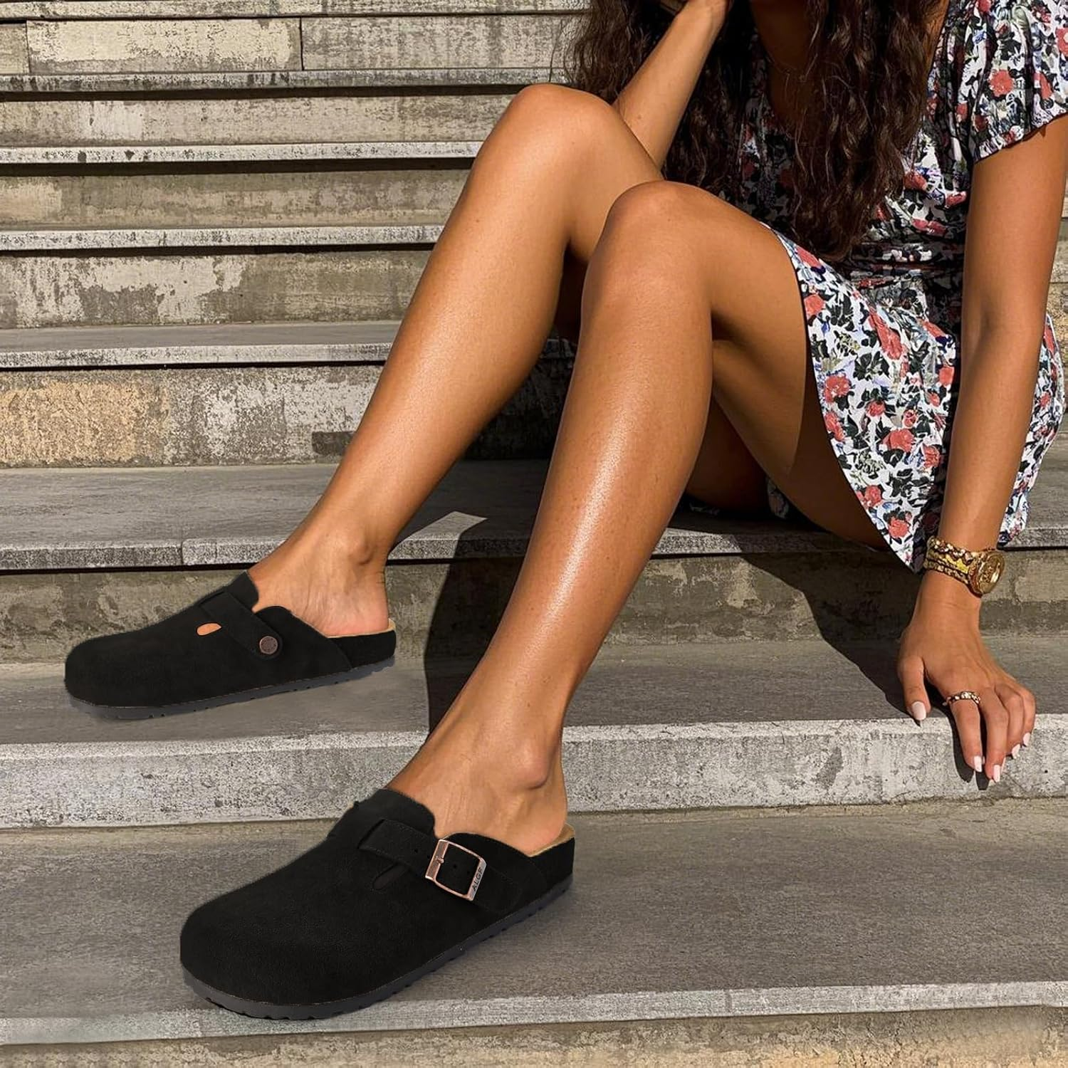 ALGF Women&rsquo;S Genuine Suede Clogs for Women Slip-On Buckle Slides Women'S Mules & Clogs Natural Rubber Cork Footbed Sandals Potato Shoes with Arch Support image number 5