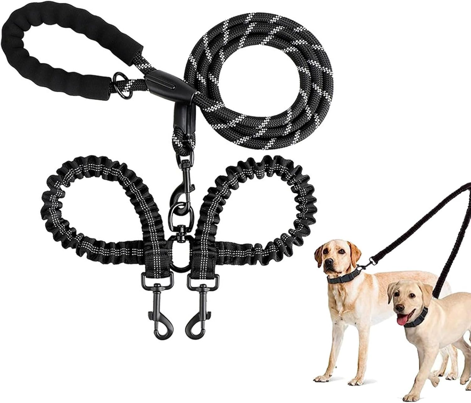 Xolixorium Double Dog Lead Dual Two Way Tangle Free Coupler Split Bungee Leash for Walking 2 Dogs Puppies with Slip Lead Retractable Dog Leash (Black Medium Coupler with Lead) image number 1