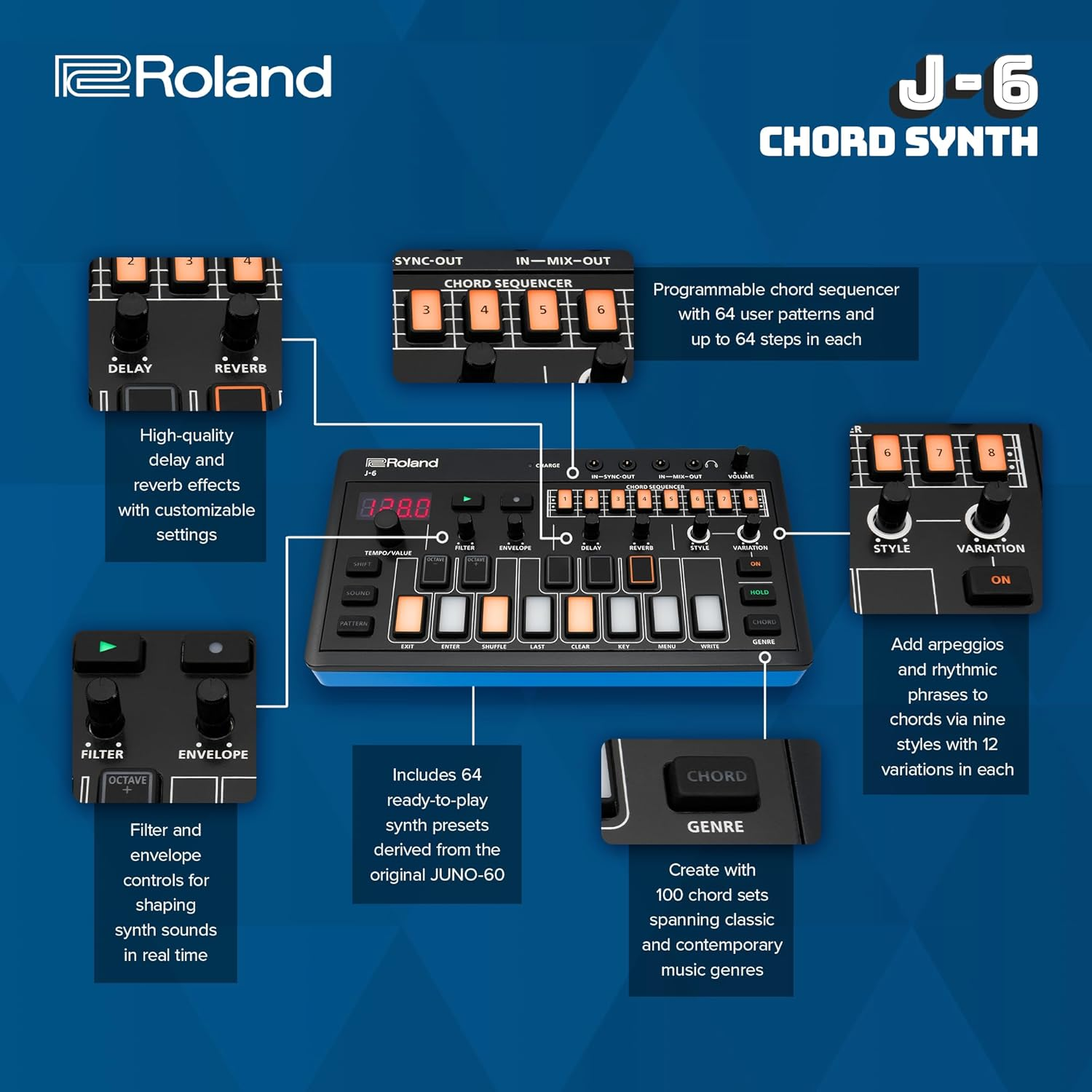 ROLAND AIRA Compact J-6 CHORD SYNTH | Portable Song Creation Machine with Professional Roland Sound and Features | JUNO-60 Synth Engine & Presets | Chord Sequencer | Effects, Black image number 4