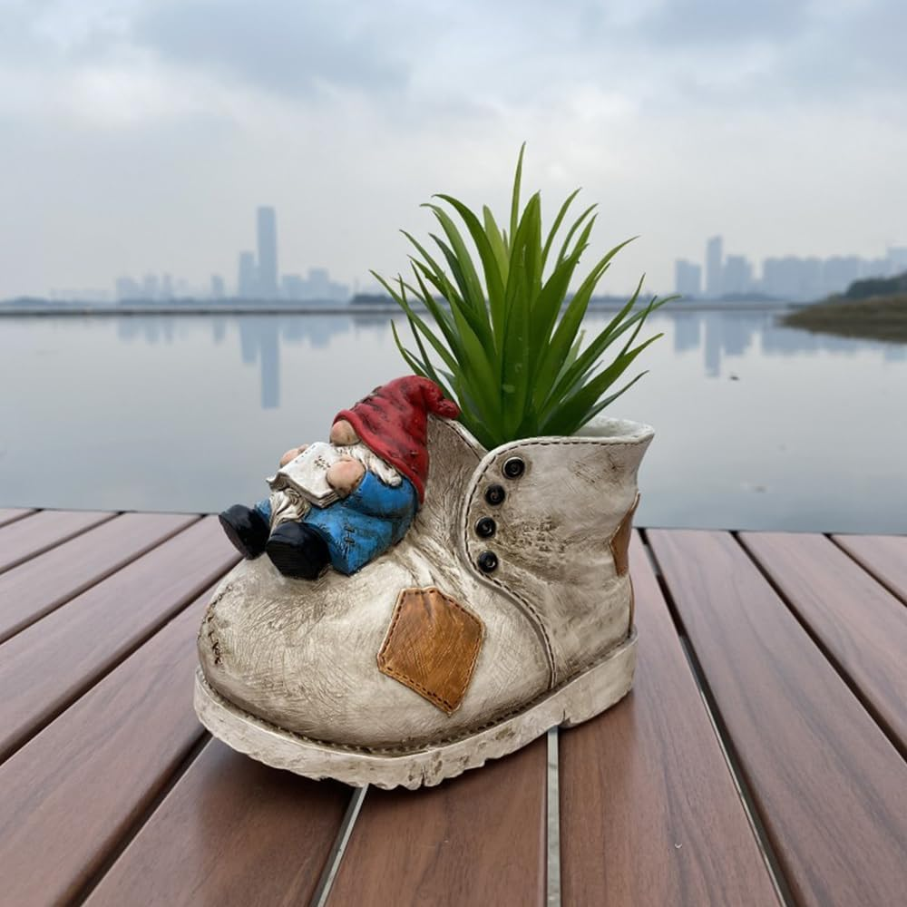 Creative Dwarf Garden Statue Gnome Resin Sculpture Creative Boot Shaped Succulent Planter Hand-Painted Decor Plant Pot for Garden & Succulent Planting image number 2