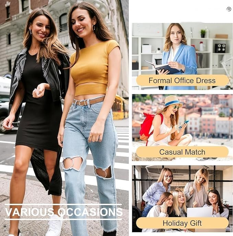 2 Pack Women'S Leather Belts, Casual Waist Belt for Jeans/Dresses, Fashion Gold Buckle Ladies Dress Belt for Jeans Dresses Pants Ladies Leather Waist Belt with Gold Buckle,Fashion Womens Belt