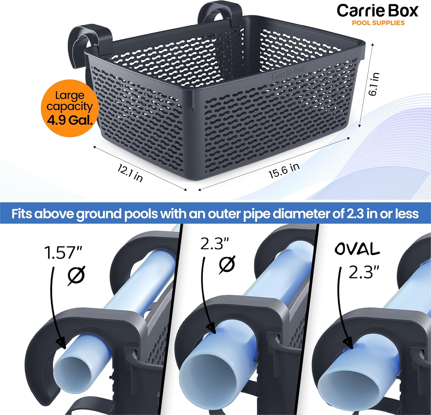 Carrie Box Poolside Storage Basket, Recycled Plastic, Pool Cup Holder, above Ground Accessories, for Most Frame Pools, Europe Made, Fits 2.3 Inch or Less Top Bar Charcoal