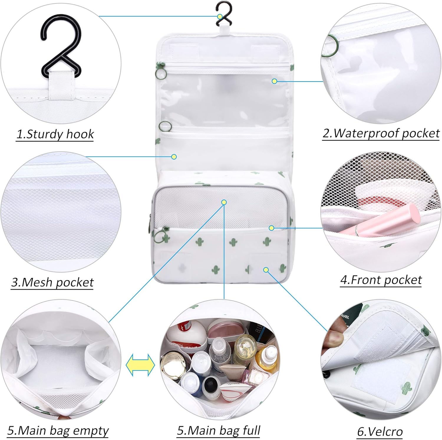 SELLYFELLY Hanging Toiletry Bag for Travel Cosmetic Makeup Organzier Waterproof Bathroom Shower Bag for Women and Men, Cactus - Gery image number 4