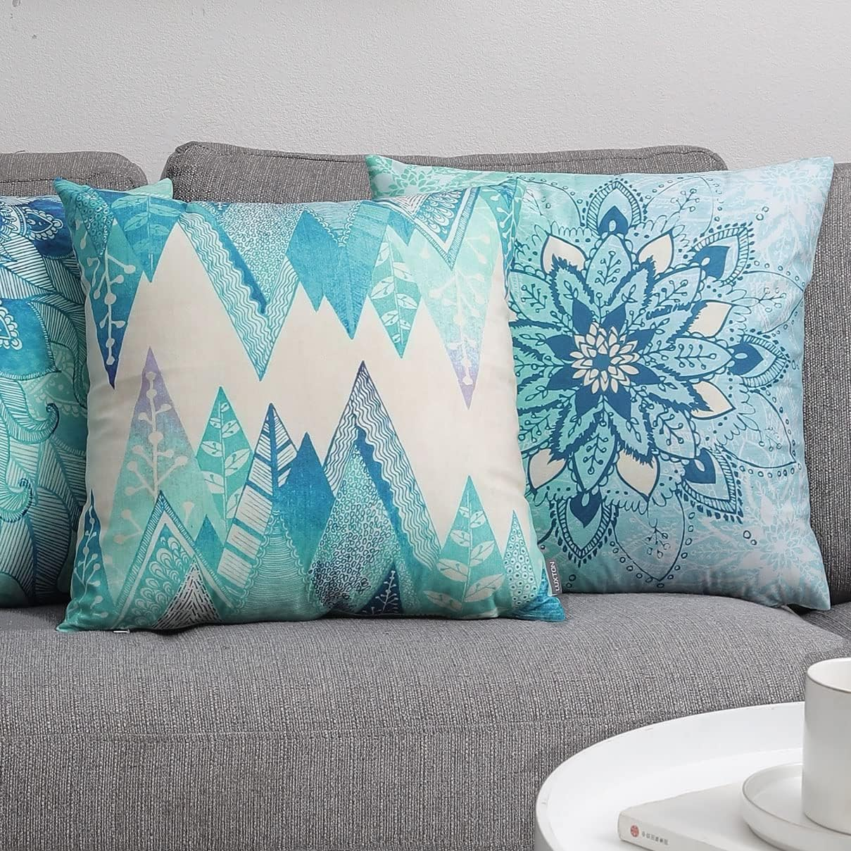 Set of 4 Luxton Boho Mandala Cushion Covers for Home Decoration, Aqua Blue Green Turquoise Cushion Covers Decorative Pillow Covers Square 45X45Cm