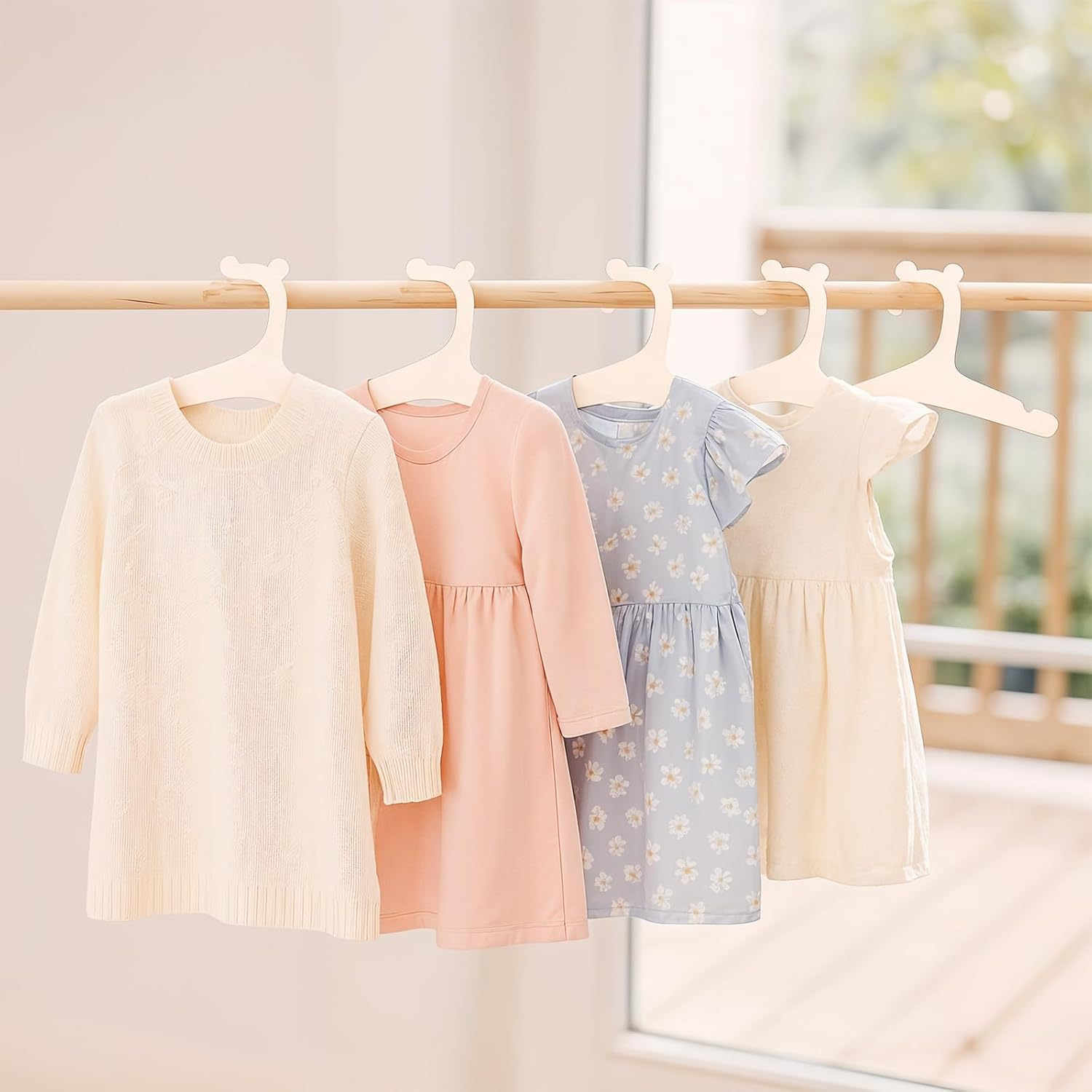 10 Pcs Wooden Baby Hangers for Clothes, 9-Inch Natural Wood Toddler Hangers with Cute Bear Ears, Anti-Slip Closet Newborn Organizer for Kids Children Girl Boy Pants Coats Suits Jackets