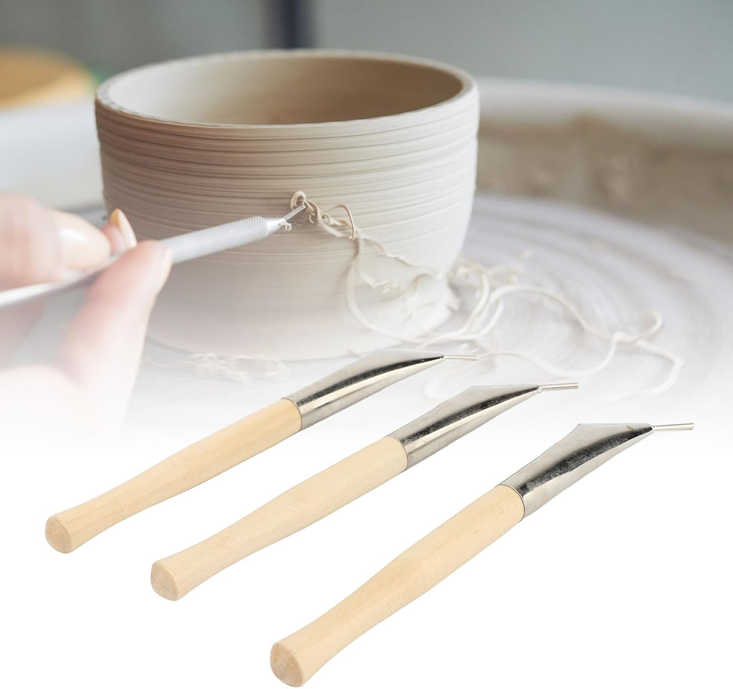 3Pcs Pottery Batik Printing Pen, Art Clay Pottery Printing Stainless Steel Batik Pens Sculpture Craft Pottery Tool, Drawing on Fabric Cloth, Clay Carving Tools with Wooden Handle image number 6