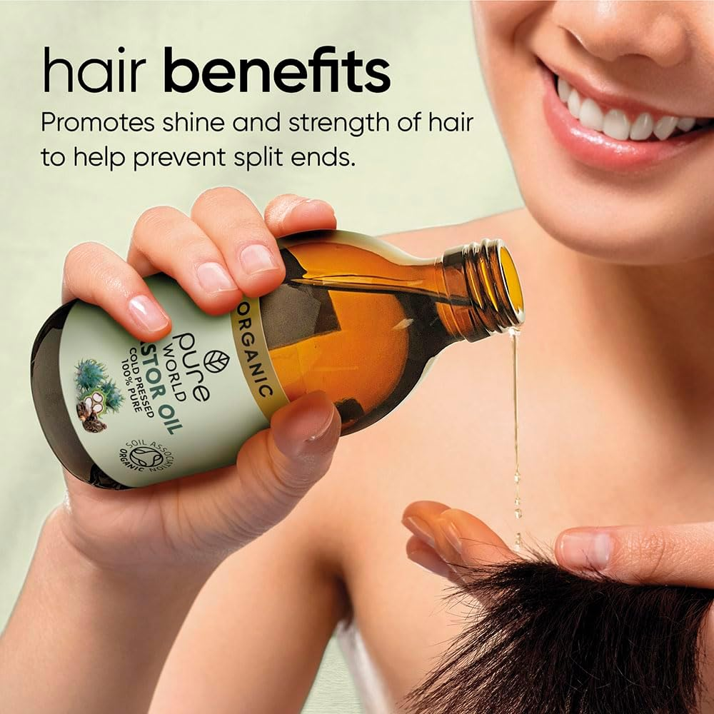 Pure World Natural Organic Castor Oil 250Ml Premium Quality Cold & Fresh Press Glass Bottle Hexane Free for Hair, Skin - Ideal for Moisturizing, Conditioning, and Eyelashes & Eyebrows- Food Grade image number 1
