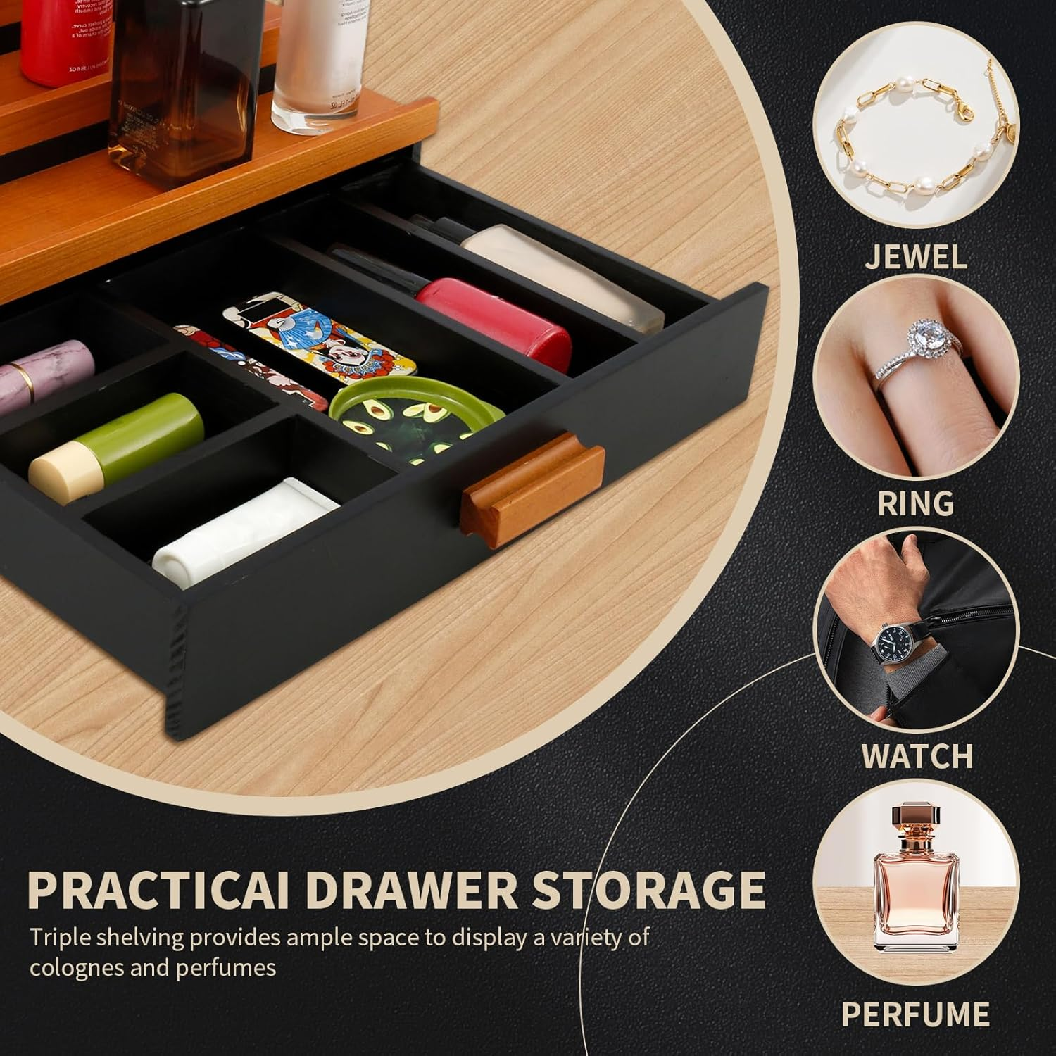 3-Tiers Wood Display Risers Stand, Perfume Storage Display Stand, Versatile Cologne Shelf with Drawer, Elegant Perfume Organizer Steady Cologne Organizer for Home Bedroom (B Set)