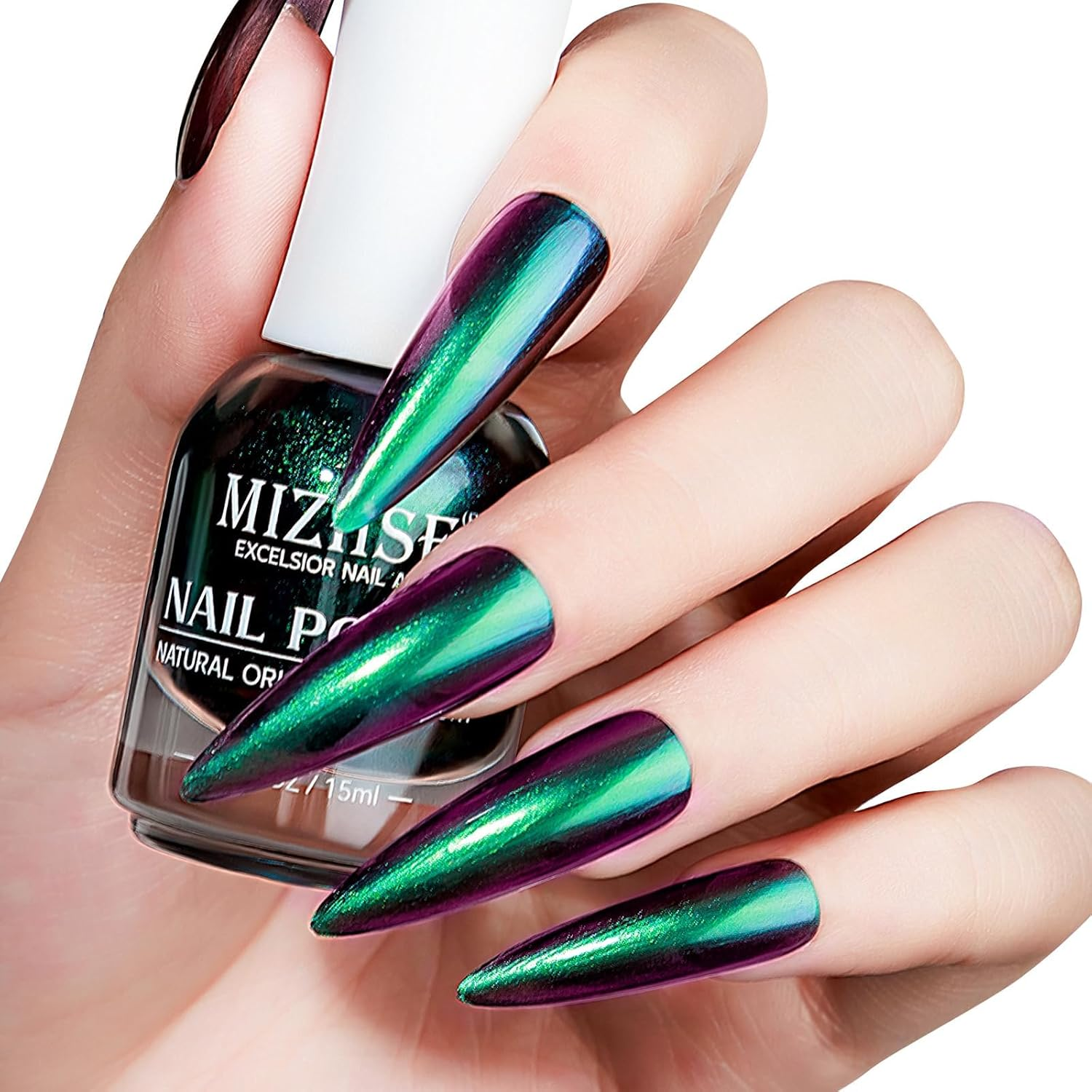 MIZHSE Chameleon Nail Polish, Green Nail Polish Air Dry Fast, 15Ml/0.5 Fl Oz High Glossy Shiny Nail Pigment Holographic Nail Polish Nail Art Salon Manicure Home image number 4
