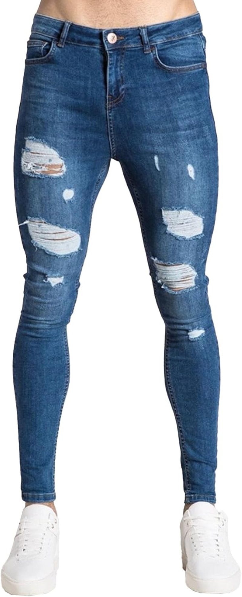 Men Stretch Mid Waist Ripped Denim Pant Casual Street Pencil Jeans with Holes Y2K Classic Skinny Motorbike Trousers, Dark Blue1, X-Large image number 2