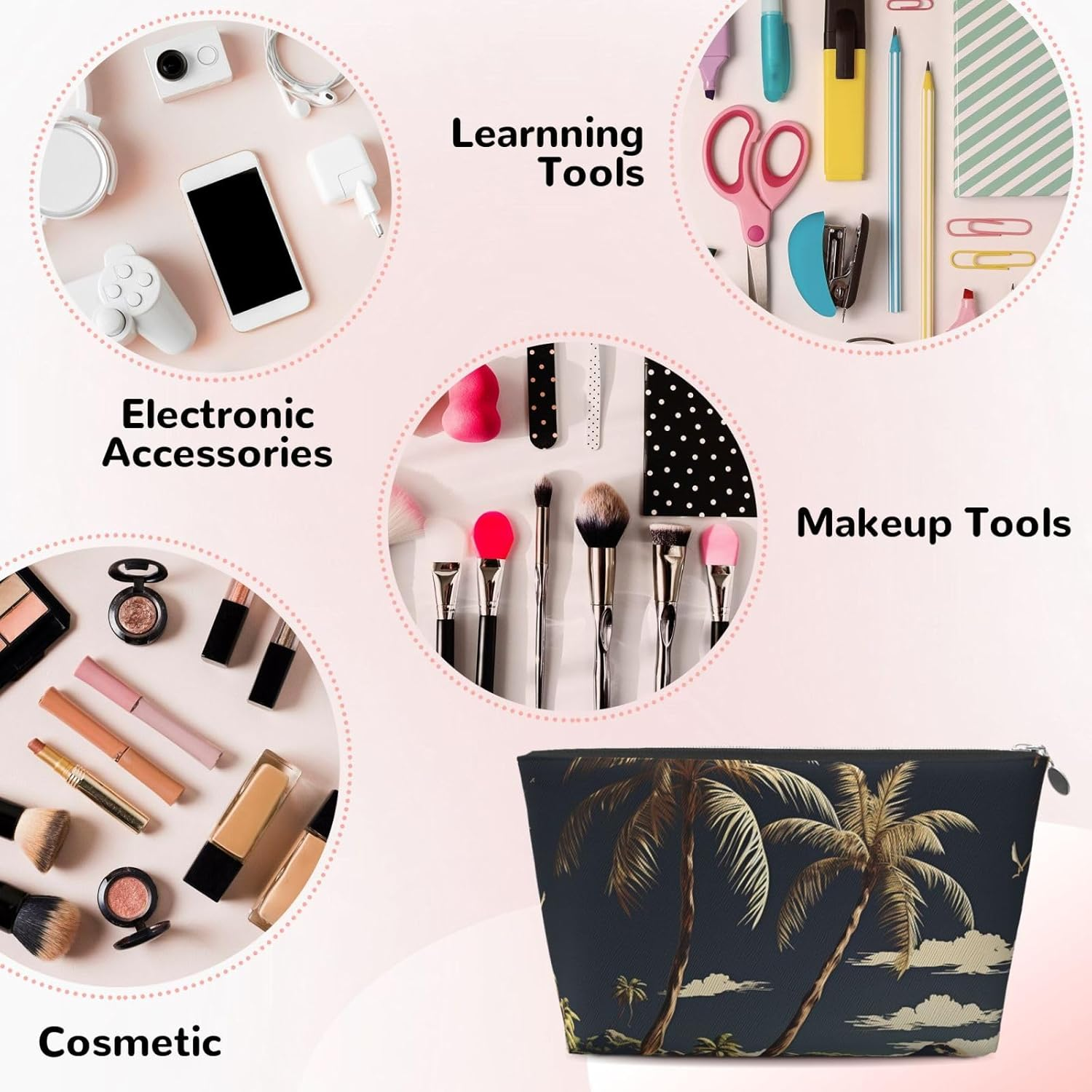 SDTYKHJ Large Capacity Makeup Bag for Women, Waterproof Portable Shaving Bag, Small Toiletry Bag, Palm Tree, Leather, Travel Cosmetic Organizer Bags, Siliver, One Size image number 5