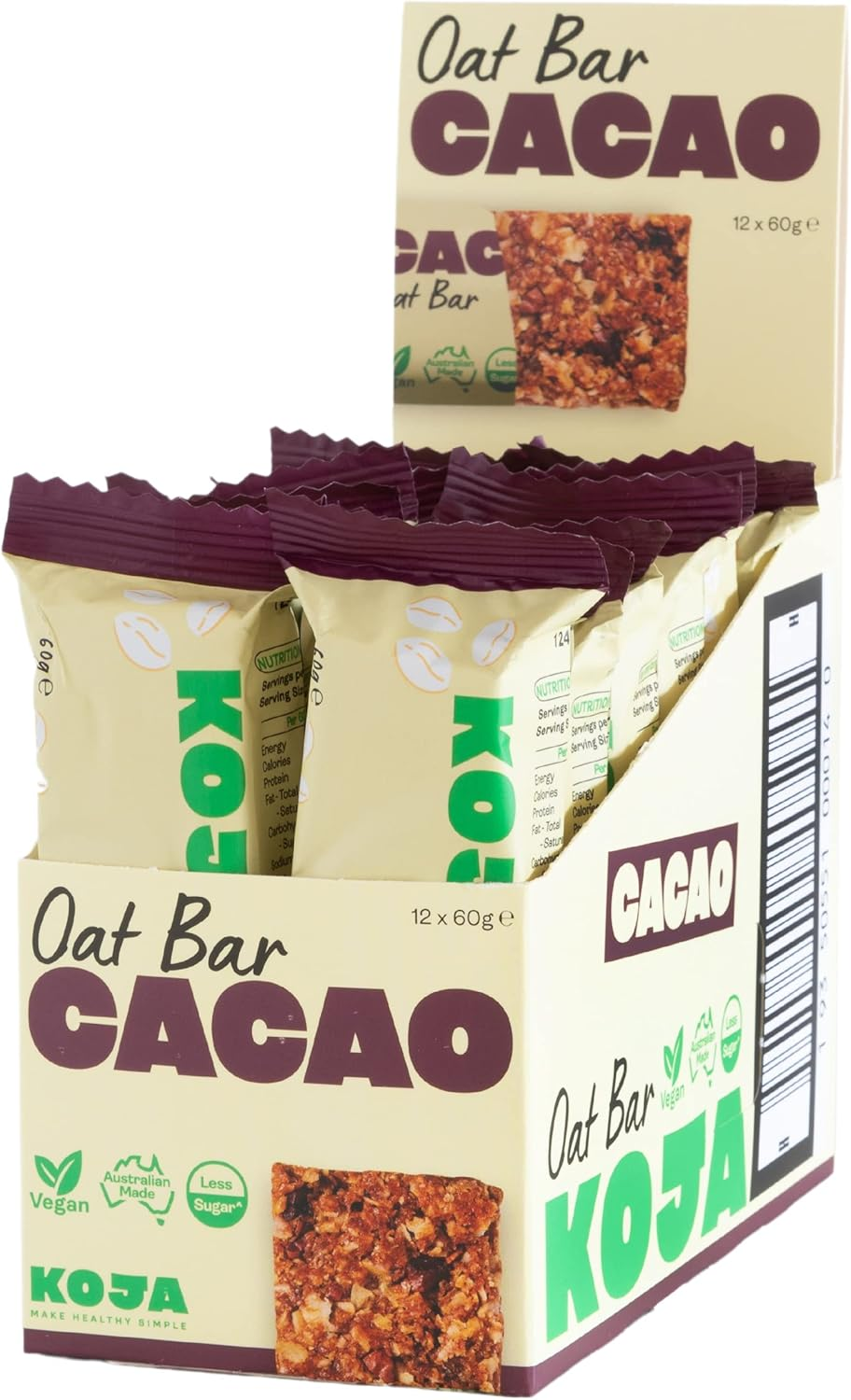 KOJA Health Natural Oat Bar Dark Choc Chip - Less Sugar, All Natural, Australian Made, FODMAP Friendly, Vegan (Pack of 12 X 60G Bars) image number 2