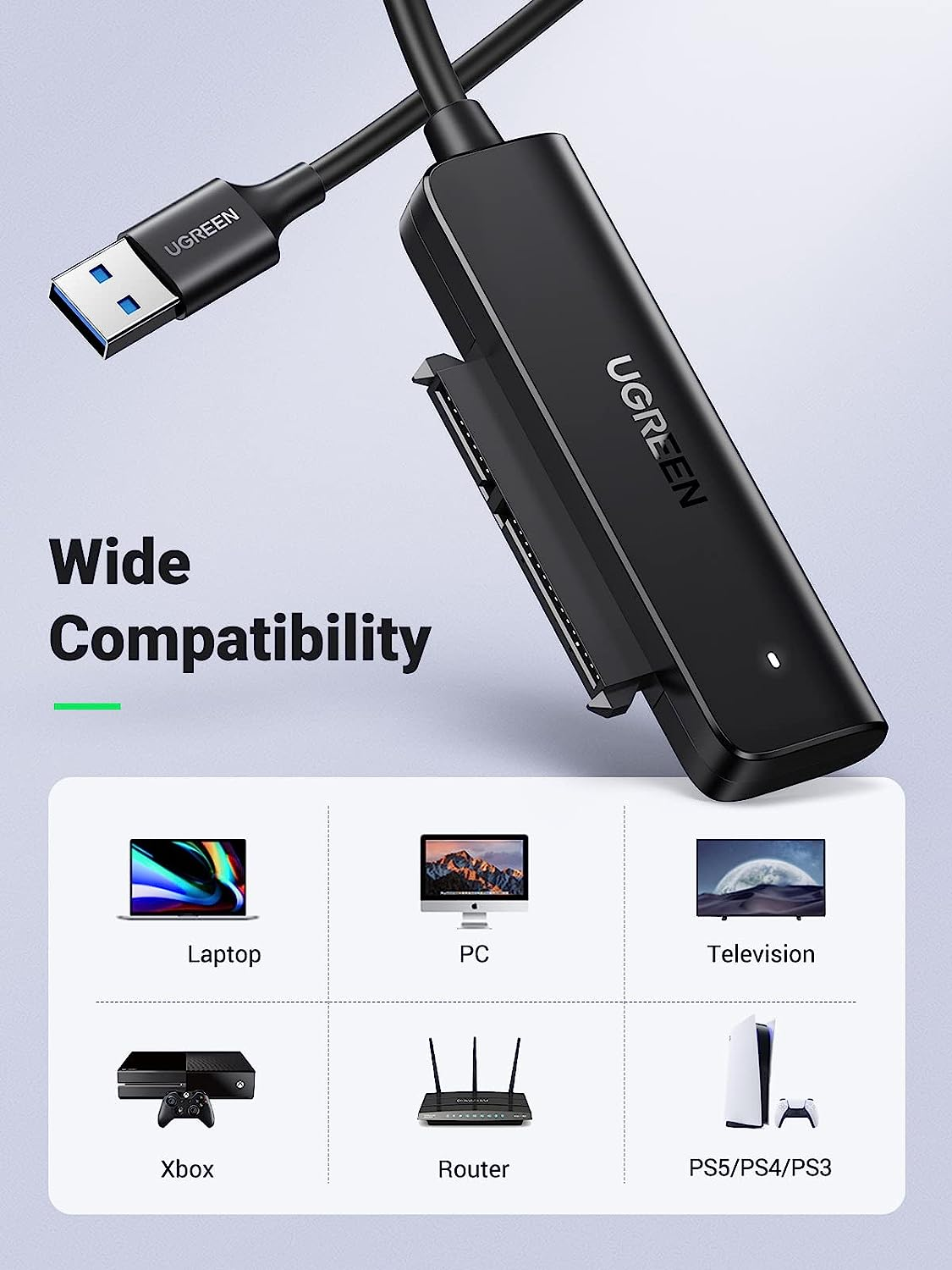 UGREEN SATA III to USB 3.0 Adapter Cable for 2.5" SSD and HDD Hard Drive Connector 5Gbps Support UASP Compatible with Seagate WD Hitachi Toshiba, PS3, PS4, Xbox, PC, Router image number 2