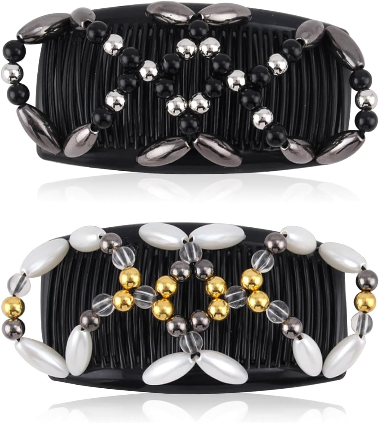 Pack of 4 Magic Hair Combs, Elastic Beads Hair Combs, Stretchy Double Hair Side Combs, Clips, Bun Maker, Headpiece for Women and Girls, DIY Hair Styling Accessories image number 2