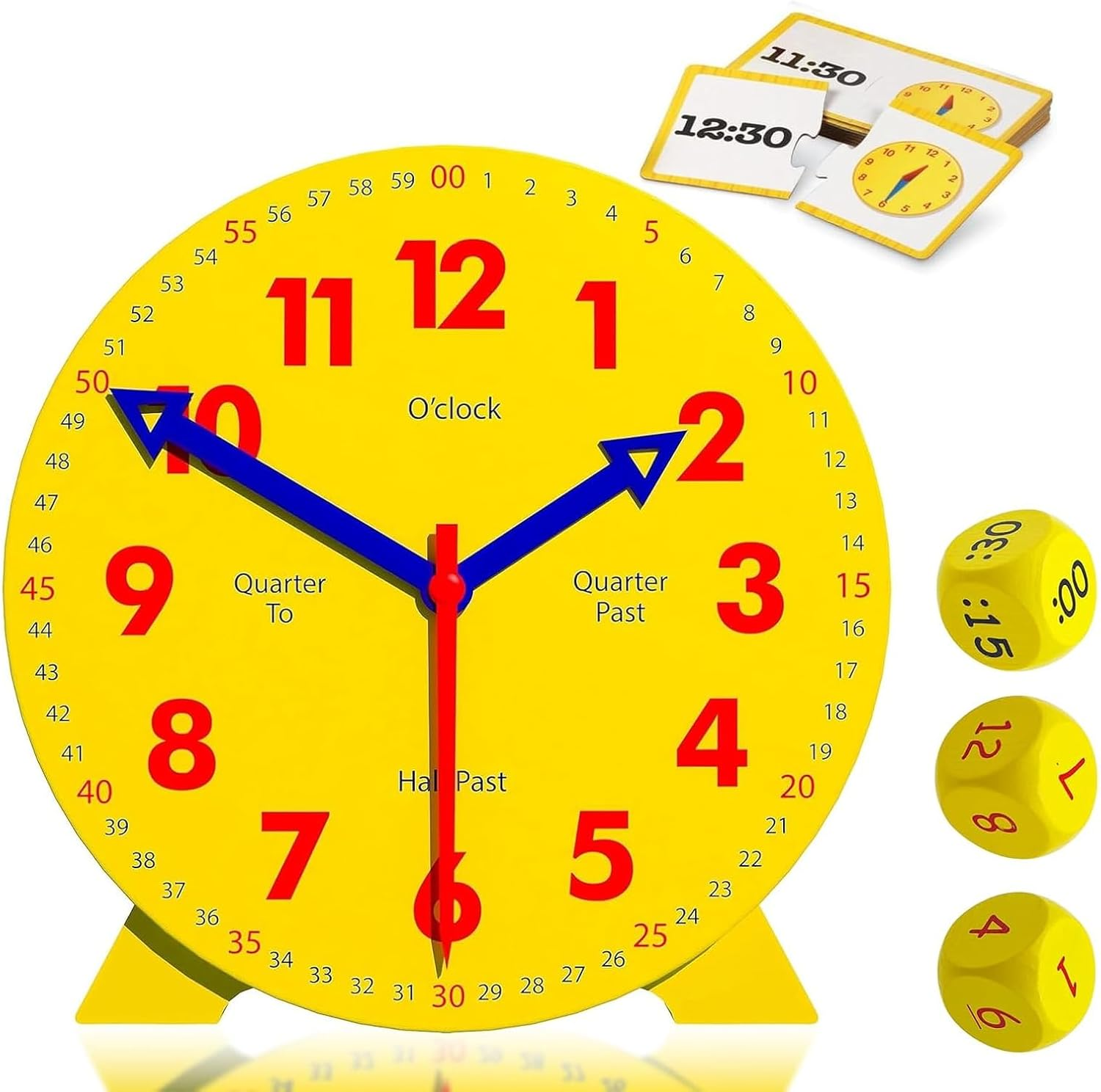 MOAZIFI Children'S Learning Clock Set, Clock Learning for Children from 6 and 8, Educational Toy with 24-Hour Format, 12 Cards & 3 Dice for Primary School, School Gift