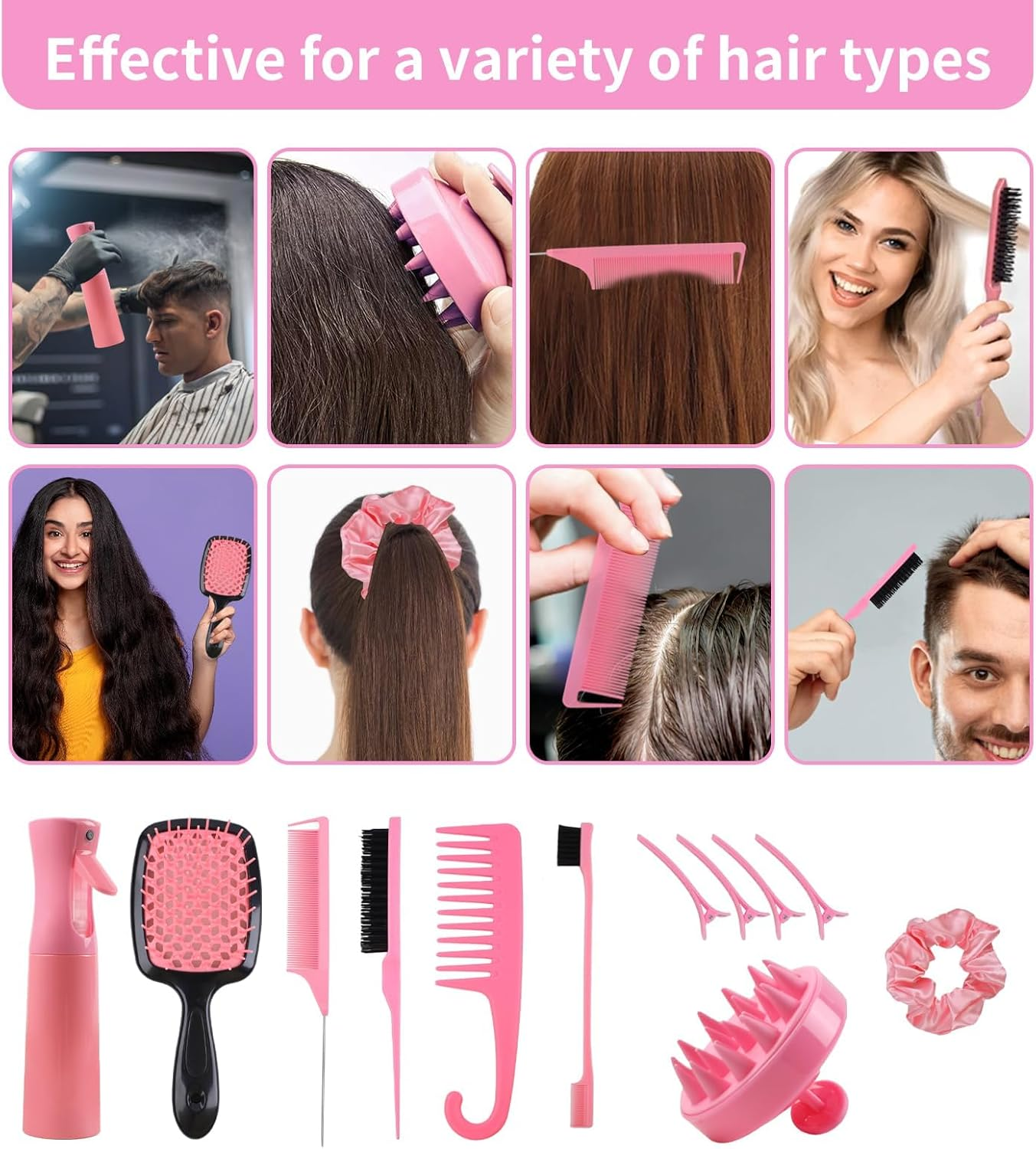 12 Pcs Hair Brush Set, 3 Pieces Slick Back Hair Brushes for Toddlers, Women, Detangling Brush for All Typs of Hair, Edge Bristles Wide Tooth Rat Tail Combs for Baby Girls Boys(Pink) - Pink image number 5