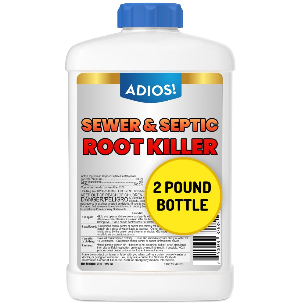 Adios! Sewer and Septic Root Killer for Trees and Shrubs, Copper Sulfate Formula Protects Sewer Pipes, Drains and Septic Tanks from Invasive Root Growth (2 Pound) image number 1