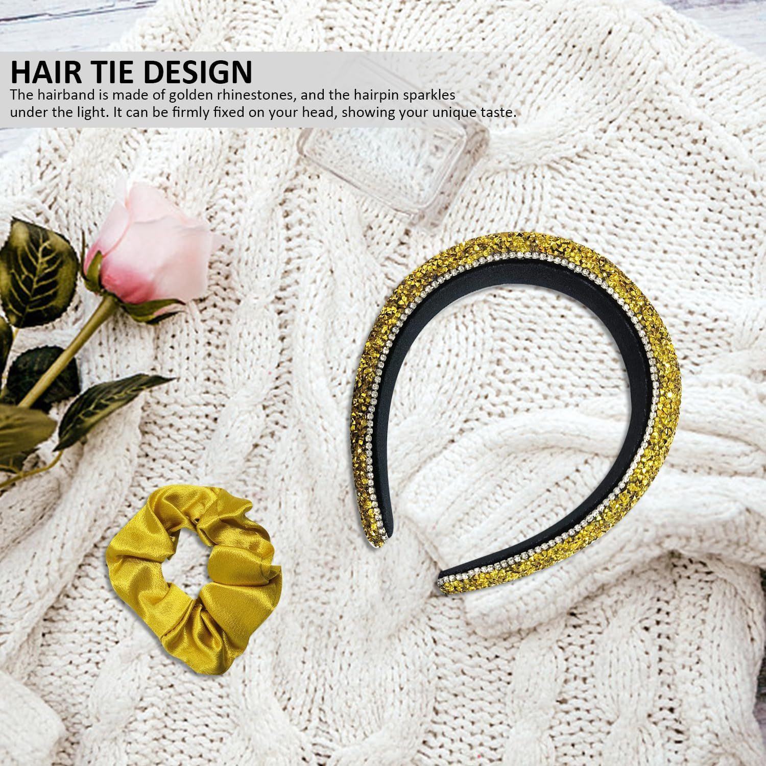 1 Piece Gold Rhinestone Headband, 1 Piece Gold Hair Scrunchie, Hair Band, Gemstone Hair Band, Crystal Satin Hair Scrunchie, Suitable for Parties, Gatherings, Birthday and Holiday Gifts