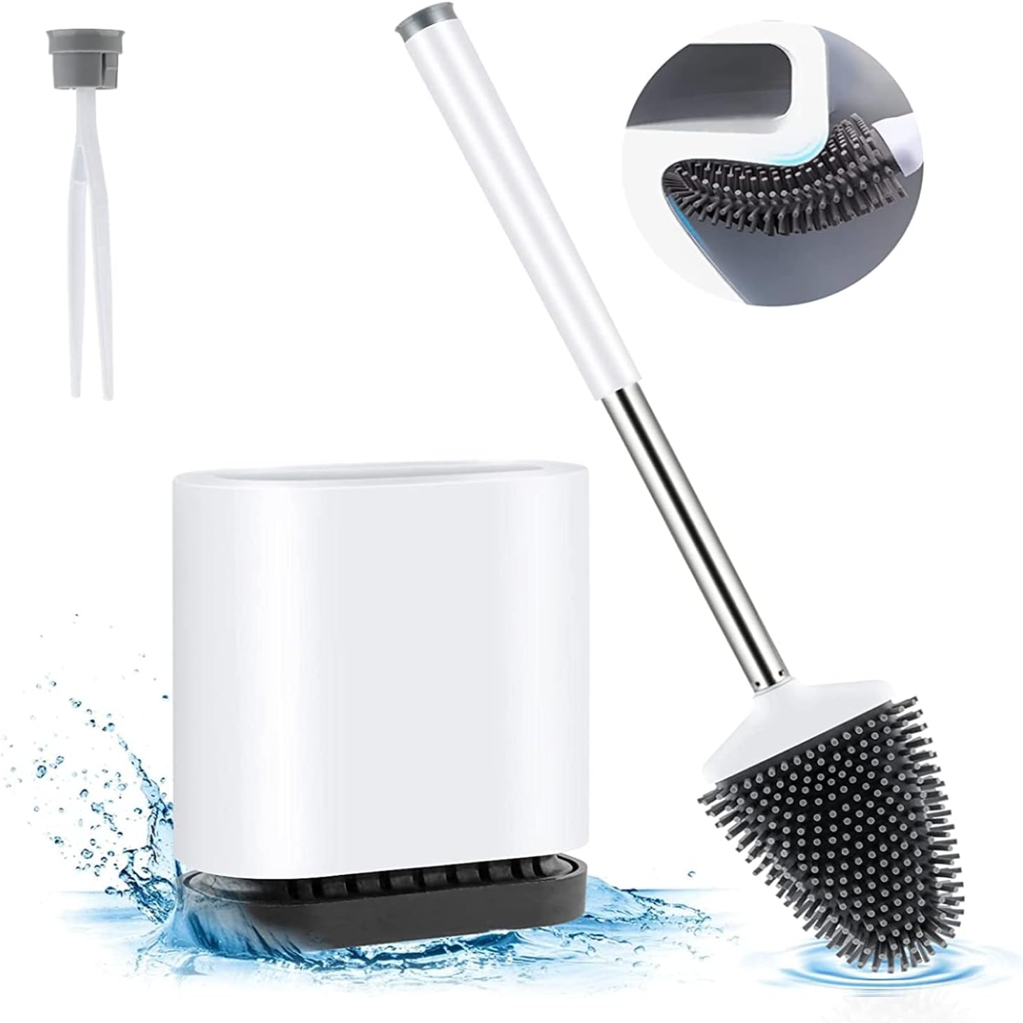 Boperzi Toilet Brush - Silicone Toilet Brush and Holder with Tweezer Wall Mounted, anti Rust Soft Bristles Toilet Bowl Cleaner Brush with Stainless Steel Handle for Bathroom Household Flat Black