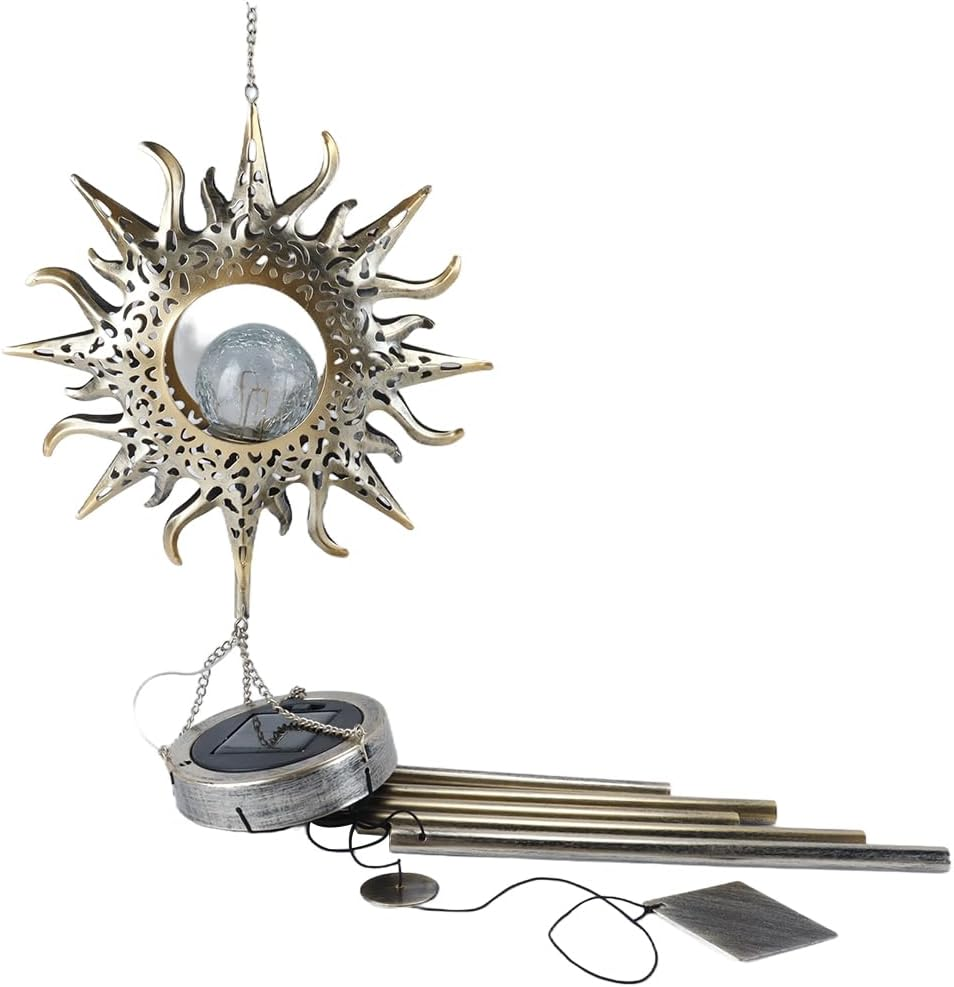 Ausi Sun Moon Solar Wind Spinner Light - Outdoor Garden Night Wind Bell Waterproof Chime Ambient Light Lamp - Lamp for Patio, Deck, Lawn, Yard, Patio, Deck, Garden (Sun) image number 5