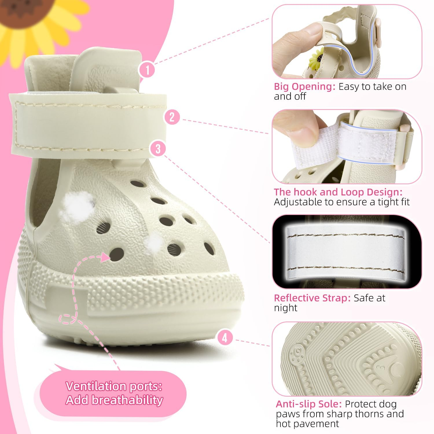 Slowton Dog Shoes for Hot Pavement, Non-Slip Summer Dog Booties for Small Medium Large Dogs, Waterproof Breathable Paw Protectors Reflective Stripes Easy on & off Easy-Clean for Summer Beach Outdoor