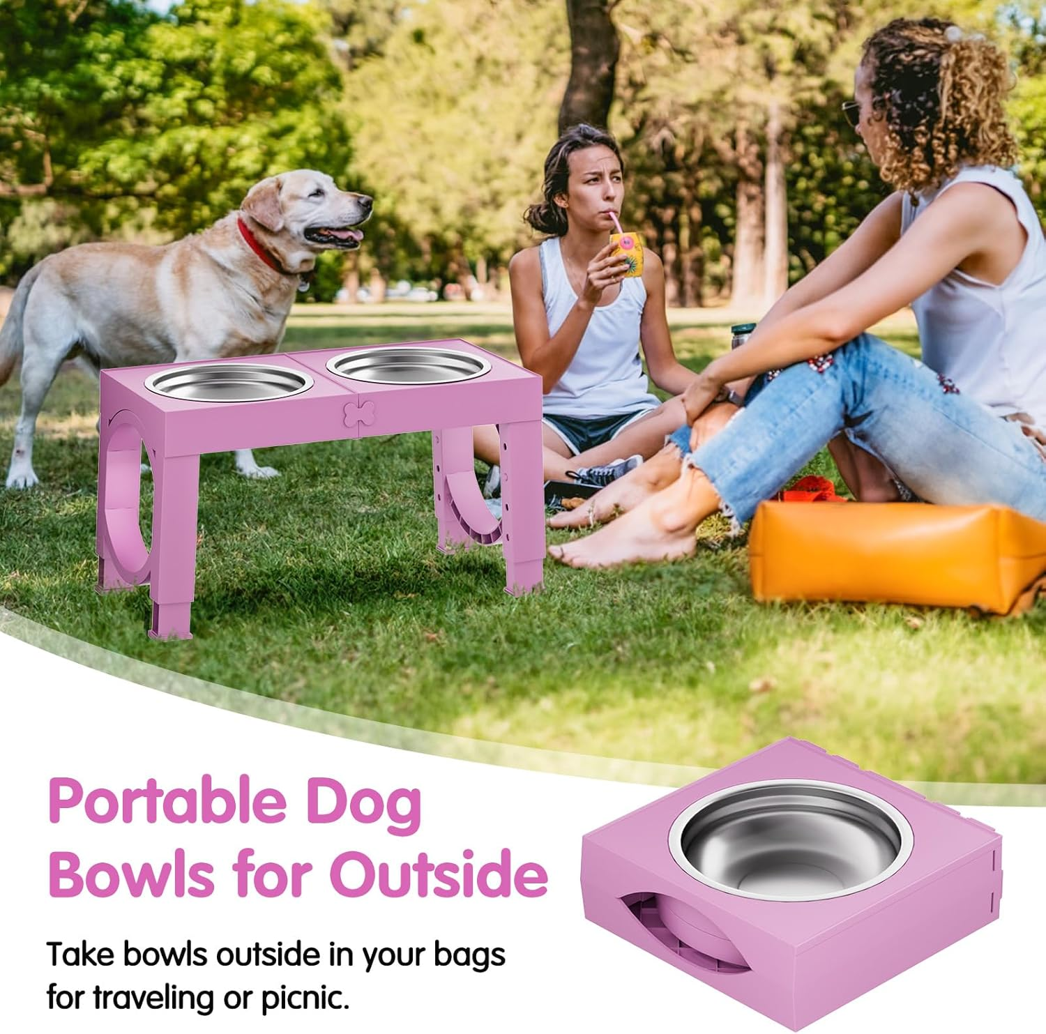 Elevated Dog Bowls for Medium Large Breed Dogs, 4 Height Adjustable Dog Raised Bowls Stand to 9.09", 10.63", 12.20", 13.78", 2 Thick Stainless Steel Dog Food Water Bowls, No Slip Dog Feeder, Pink image number 4