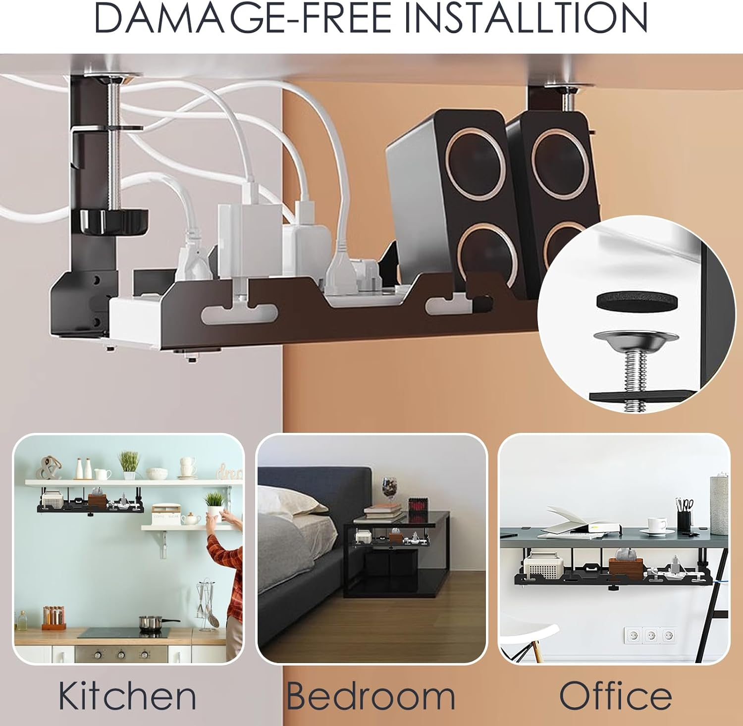 Bonaler under Desk Cable Management Tray,No Drill Retractable Clamp Mounted Desk Cable Cord Organizer for Desk,Sturdy Metal Cable Tray Basket for Home Office Computer,Black image number 4