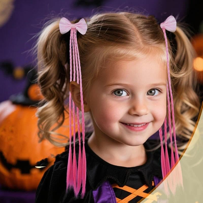 2 PCS Braids Ponytail Extension with Hair Bows Ties for Girls Pink Priness Mermaid Hair Extensions Cosplay Halloween Hair Accessories image number 2