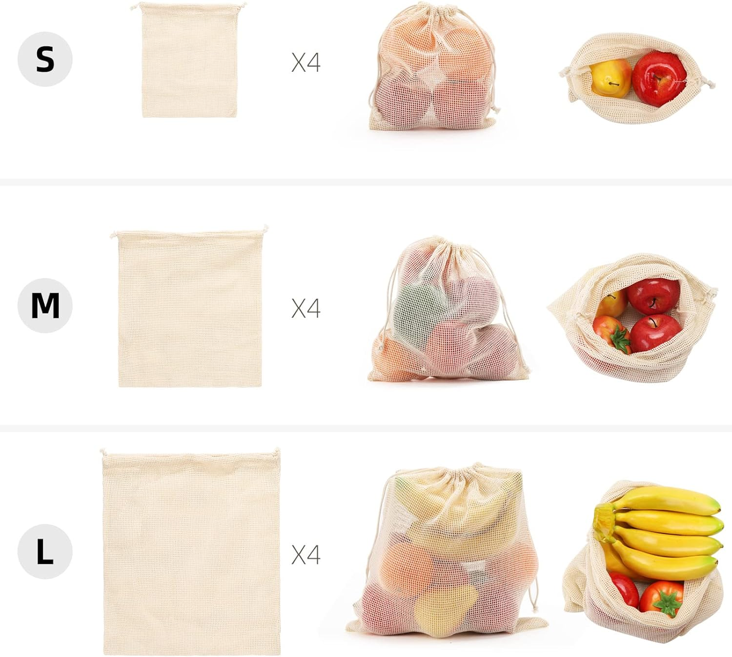 Reusable Produce Bags Grocery Washable - Set of 12 Cotton Mesh Produce Bags for Veggie Fruit Vegetable Storage, 3 Sizes (4L, 4M, 4S) image number 5
