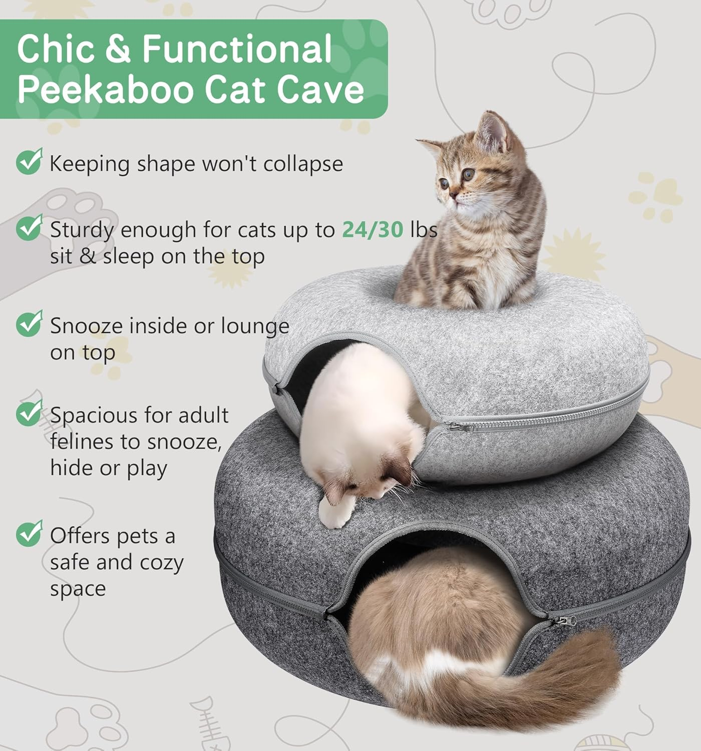 Cat Cave for Multiple/Large Cats up to 9 Lbs, Tunnel Bed, Scratch Detachable and Washable Large Donut Bed (Light Grey, L (24 * 24 * 11Inch))