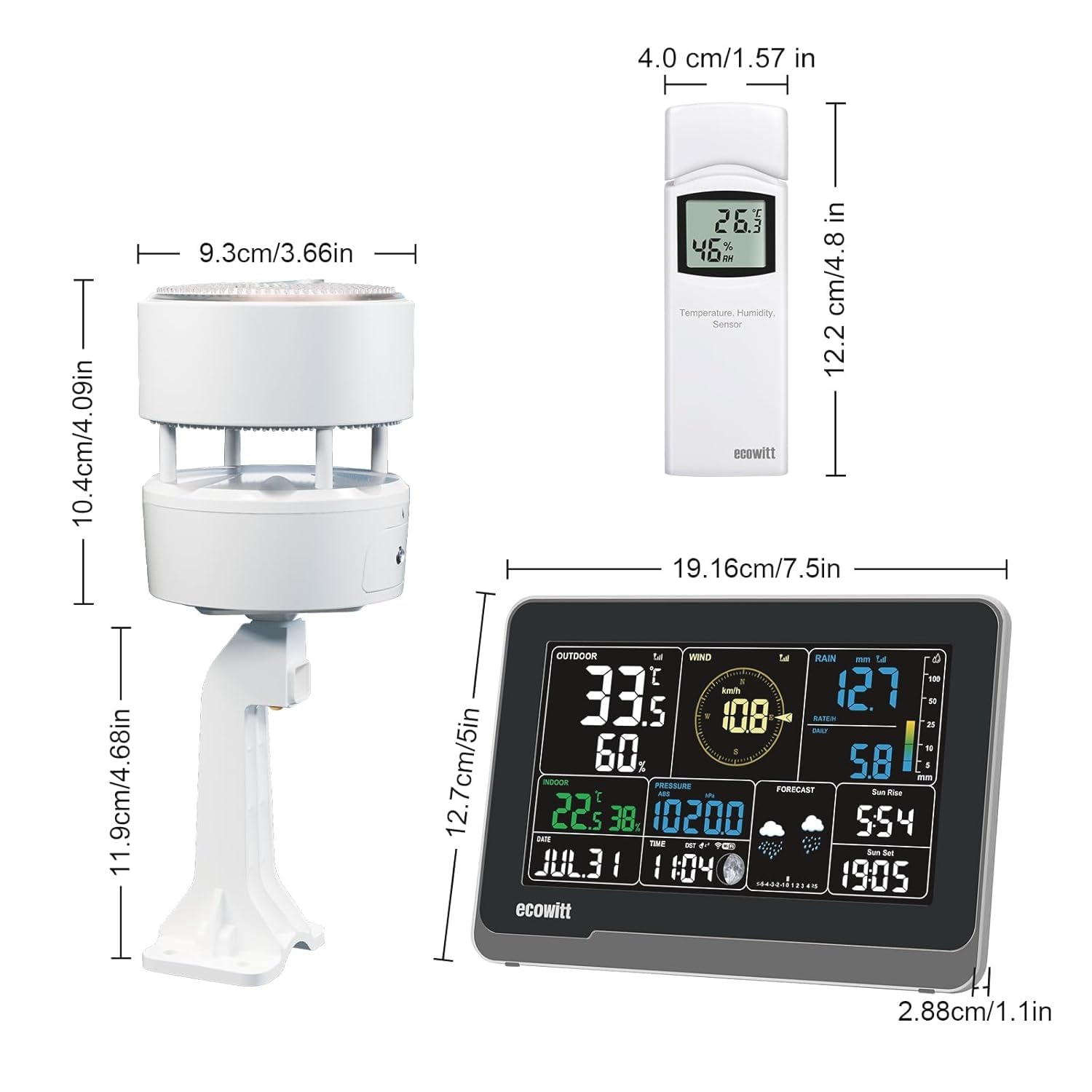 ECOWITT WS3902 Weather Station Kit, Includes WS85 Outdoor Sensor, WN32 Outdoor Thermo-Hygrometer Sensor, and WS3900 Indoor 7.5'' LCD Display Console, 433 Mhz image number 2