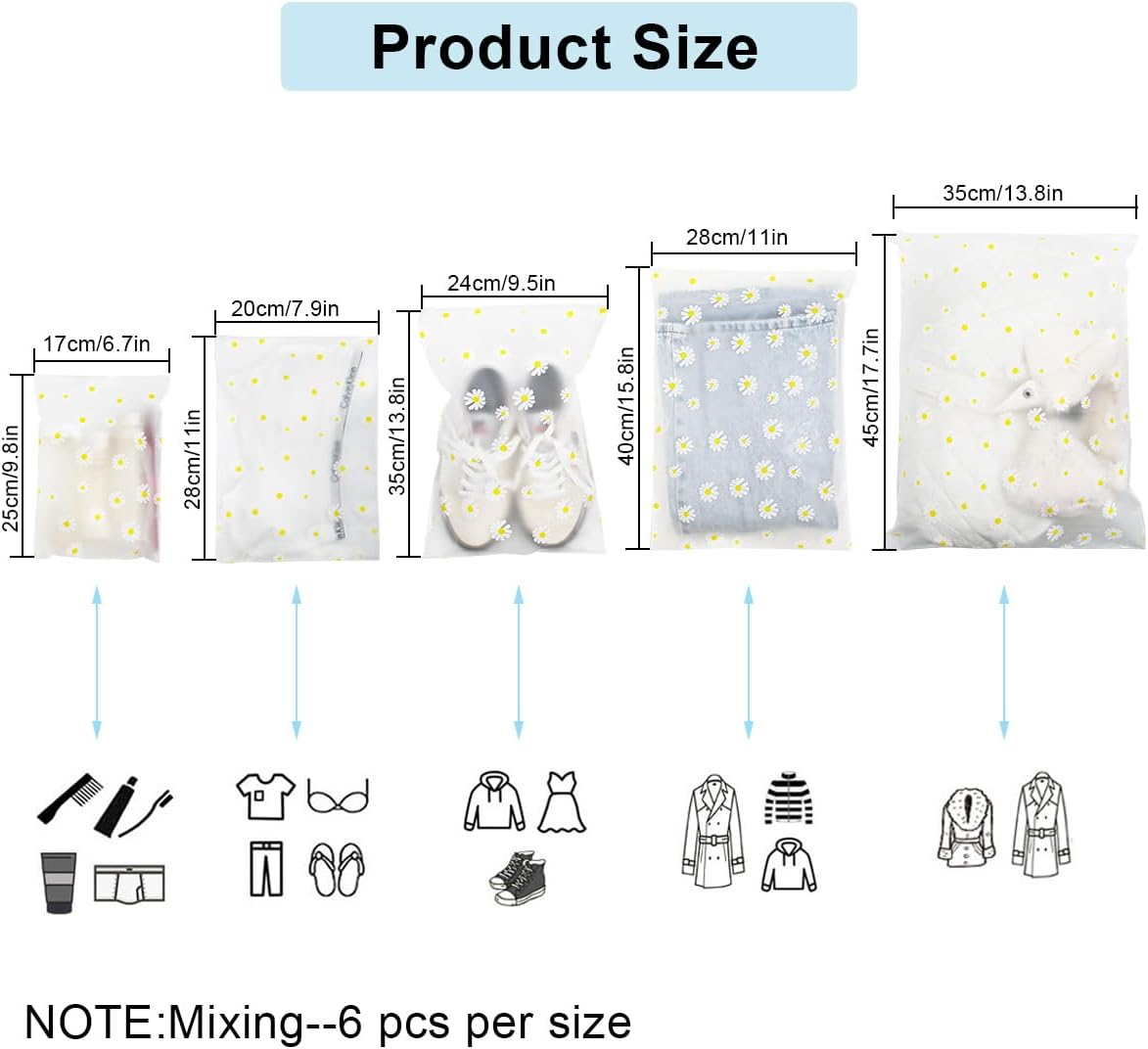 30PCS Travel Storage Bags for Clothes, Clear Reusable Bags Plastic Ziplock Bags, Waterproof Resealable Clothing Zipper Bags Luggage Organizer Pouch for Clothes, Towels, Shoes, Cosmetics (5 Size) image number 5