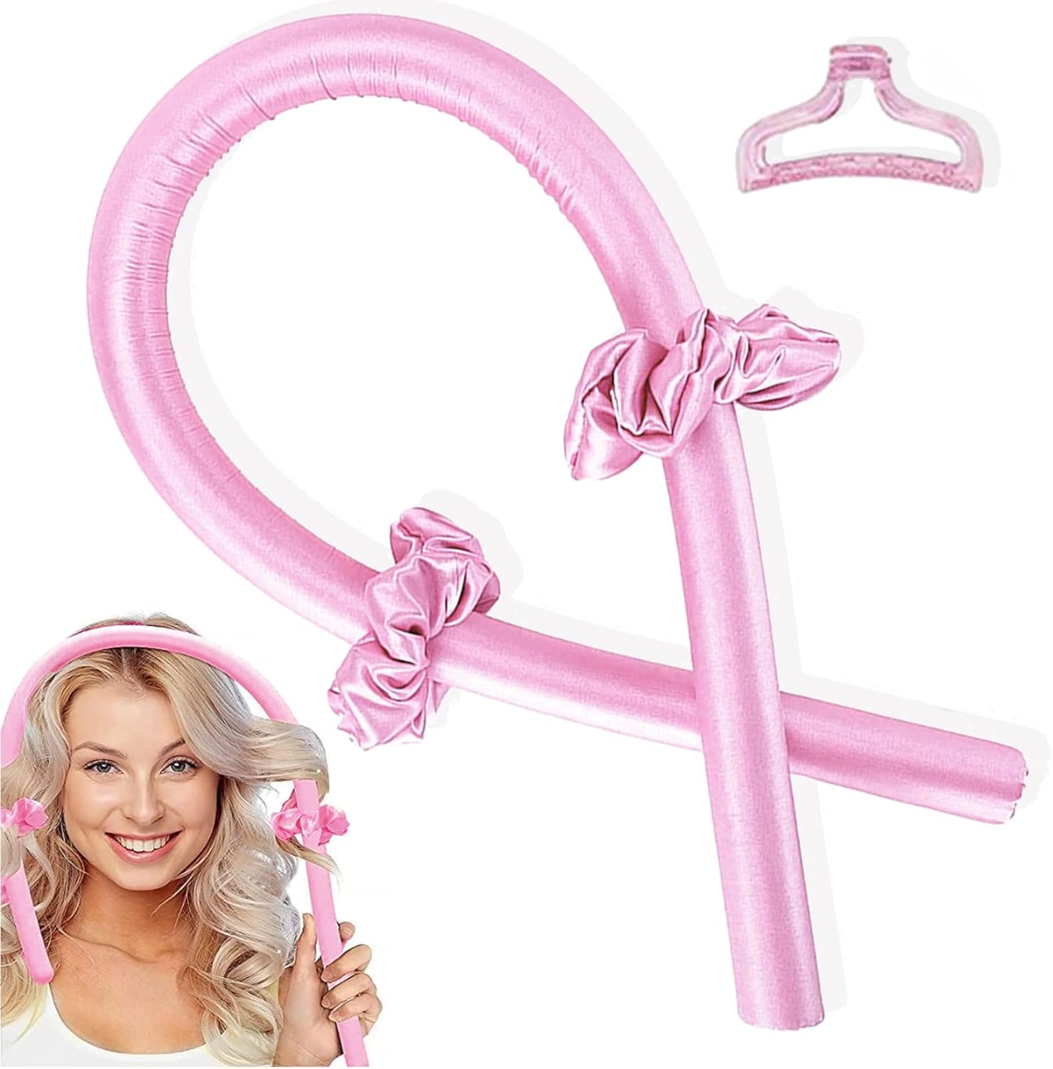Fashion Colour Heat Free Curling Iron Headband with Hair Clips and Hair Scrunchie No Heat Hair Rollers for Sleeping Overnight Adjustable Wave Curling Iron Kit for Long Hair Yellow (Pink) image number 2