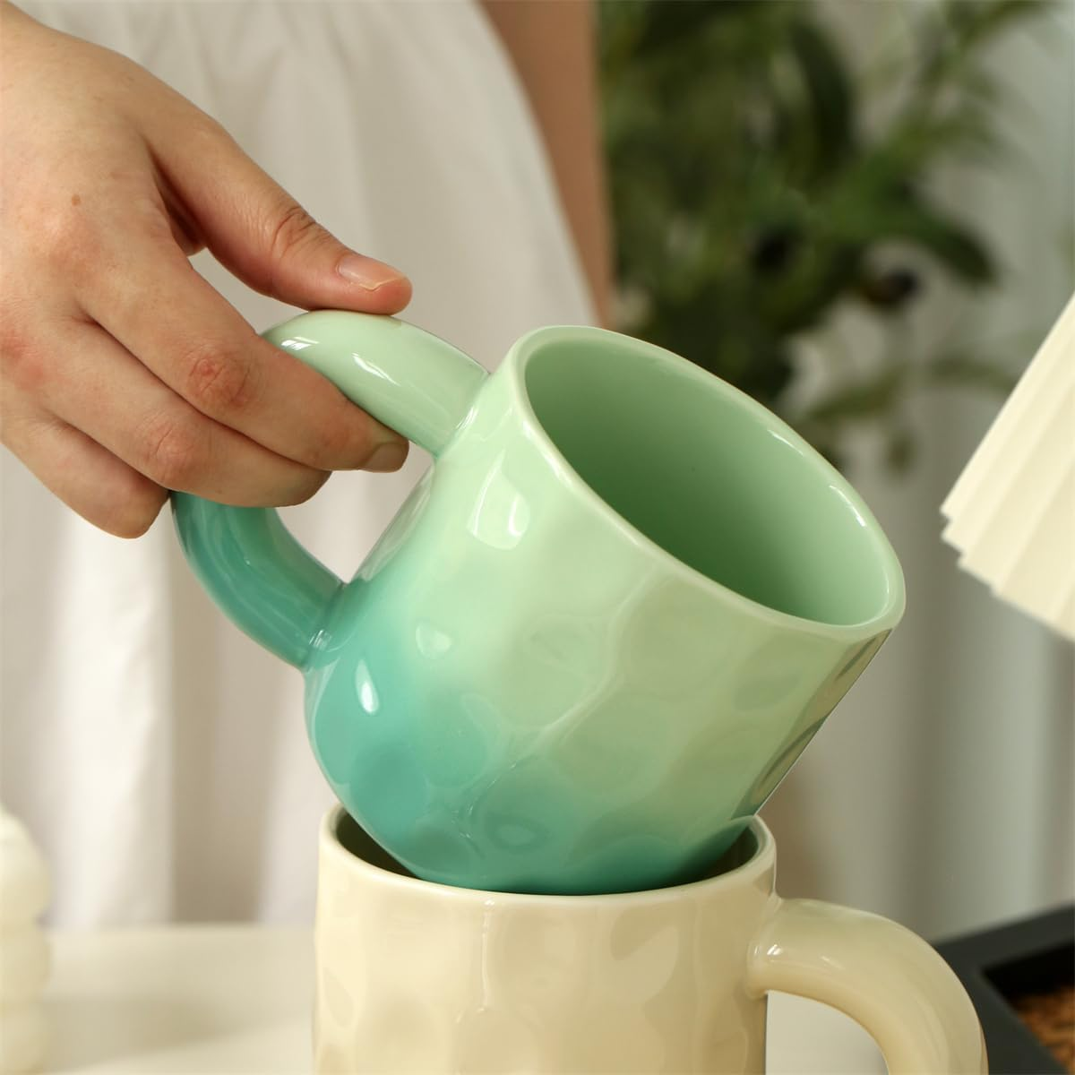 TREEWOO Creative Gradient Macaroon Color Ceramic Handmade Coffee Mug with Chubby Handle and Spoon Cute Breakfast Coffee Milk Cup for Family Friend (Green) - Purple image number 4