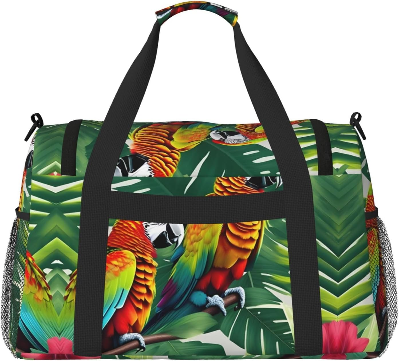Tropical Flower Leaf Parrot Print Weekender Overnight Carry on Bag Duffel Bag for Travel Women Men Gym Luggage Bag Carry On, Black, One Size