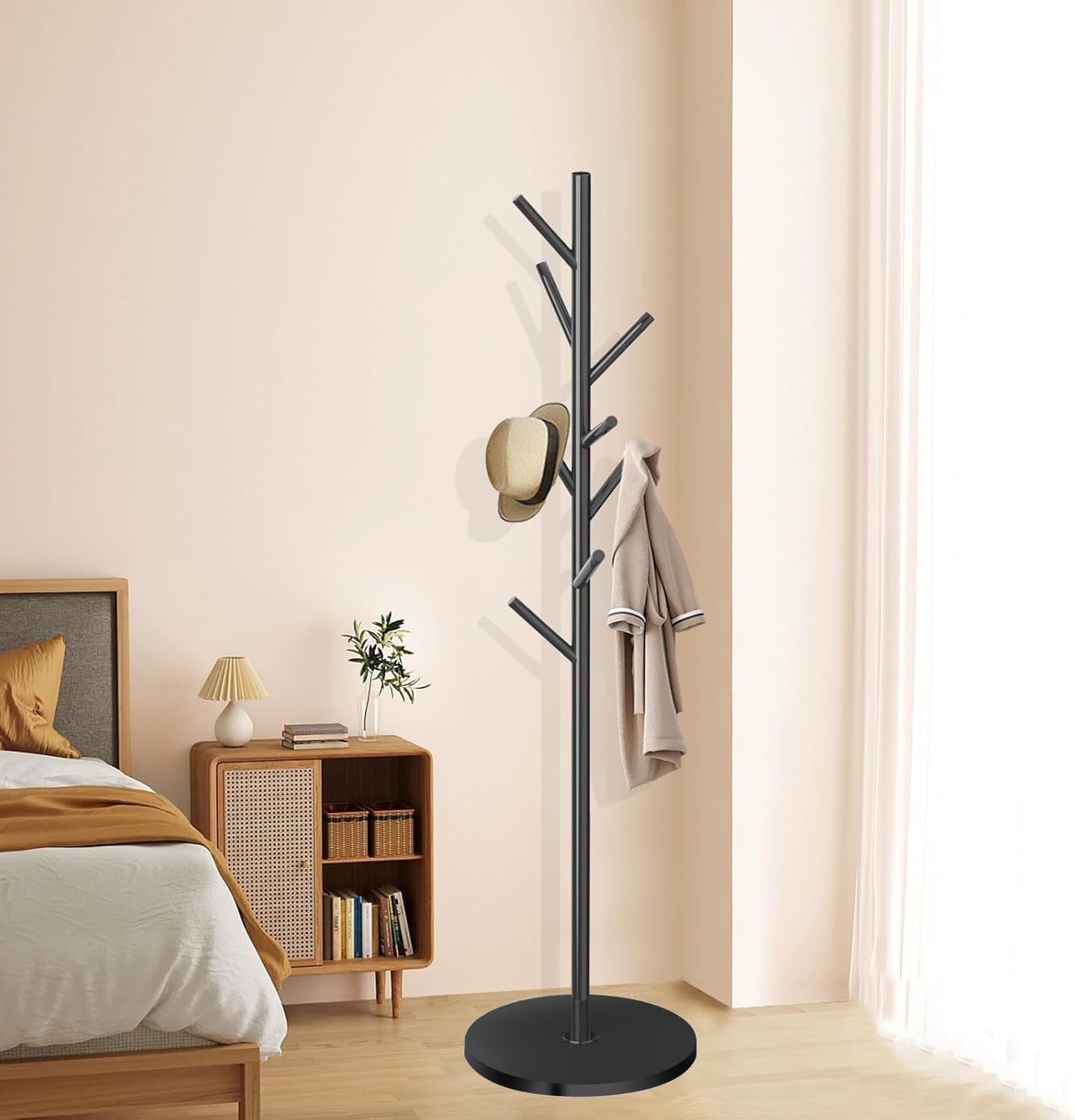 Coat Rack with Natural Marble Base, Freestanding Metal Coat Stand with 8 Hooks, Heavy Duty Hanger Hat Holder, Modern Stable Coat Hanger Tree for Bags, Jacket, Clothes, and Hats, Black Metal image number 2