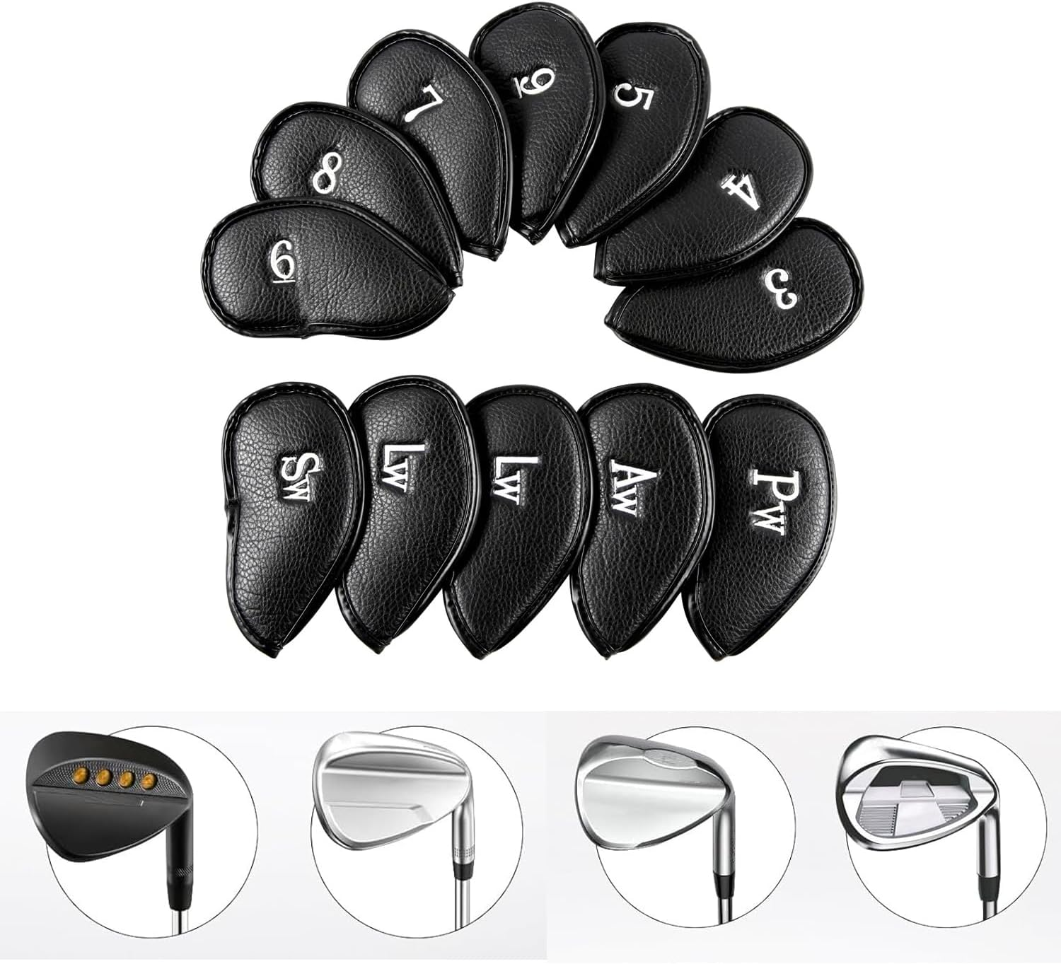 LYSAIMG 12Pcs Golf Head Covers, Deluxe Club Headcover, Universal Fit, Main Iron Clubs (3-9 Pw Aw Sw Lw Lw), Black, Faux Leather, Golf image number 1