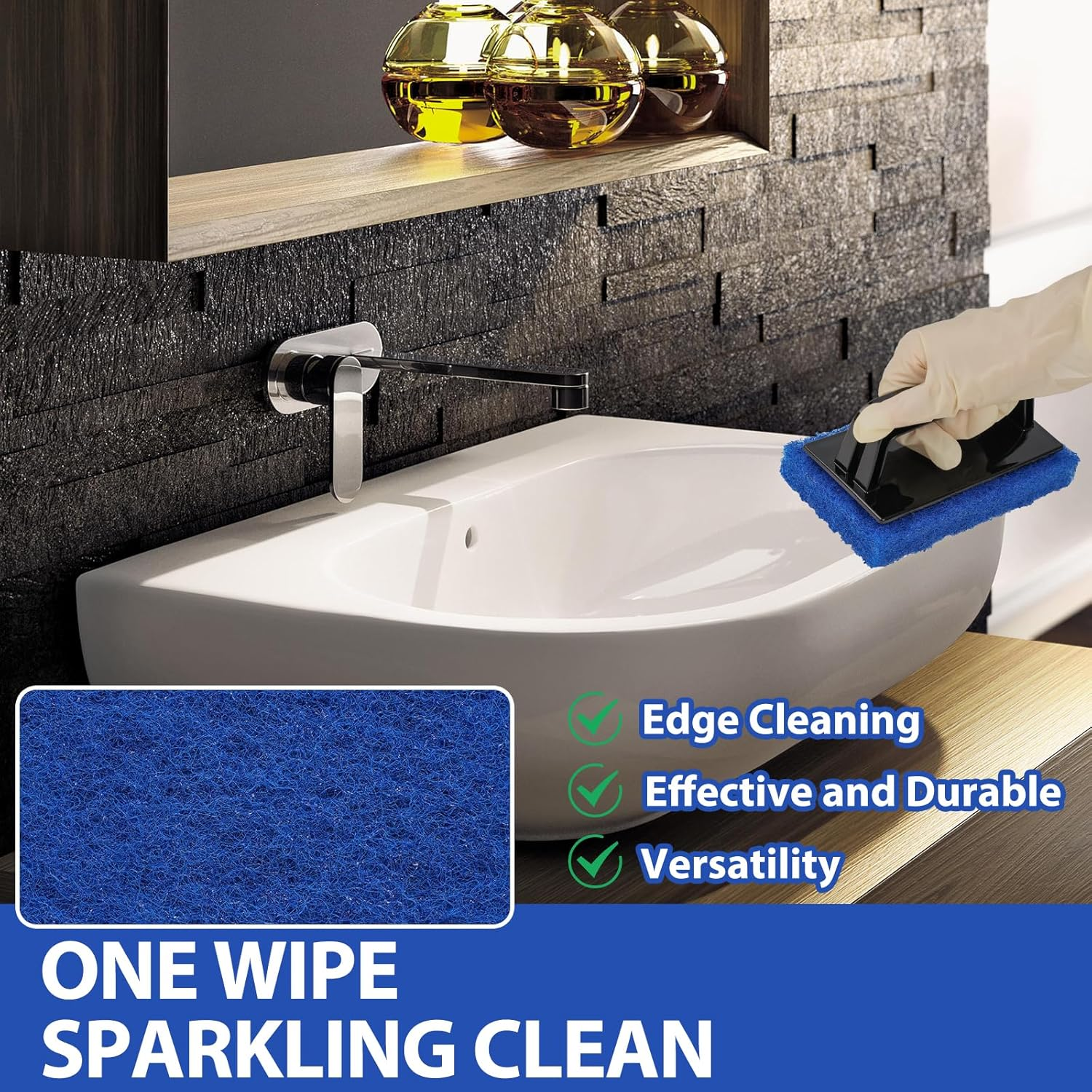 Skylarlife Scouring Pad Brush Cleaning Scrub with Handle Abrasive Pad for Grout Tile Shower and Sink Cleaning, Scrubbing Floor and Tile Boat Polishing Refinishing Bathroom Kitchen Heavy Duty (1-Pack) image number 1