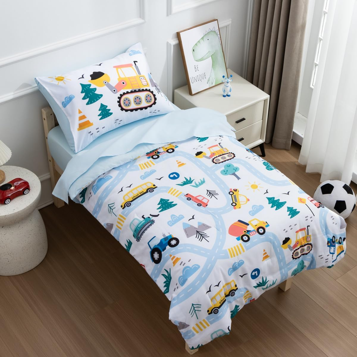 NTBED 4 Pieces Construction Toddler Bedding Set for Baby Boys, Truck Vehicles Excavator Cars Printed, Includes Comforter, Flat Sheet, Fitted Sheet and Pillowcase,Light Blue - Brown image number 5