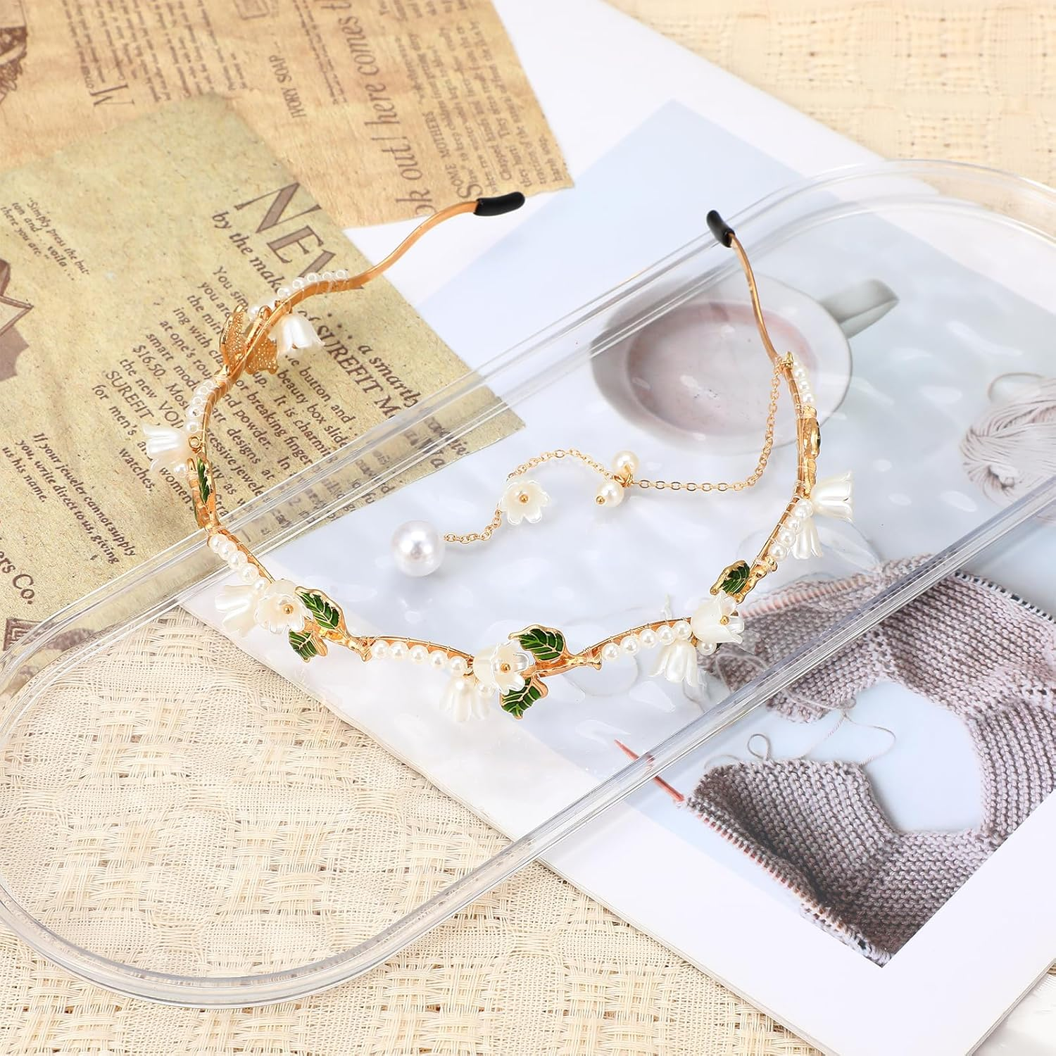 Heclia Hair Accessories for Flower Girl Wedding 2 Pieces Golden Vine Leaf Boho Headband and Vintage Red Rose Renaissance Accessories Bridal Beads Headpiece Wedding Princess Fairy Headband image number 6