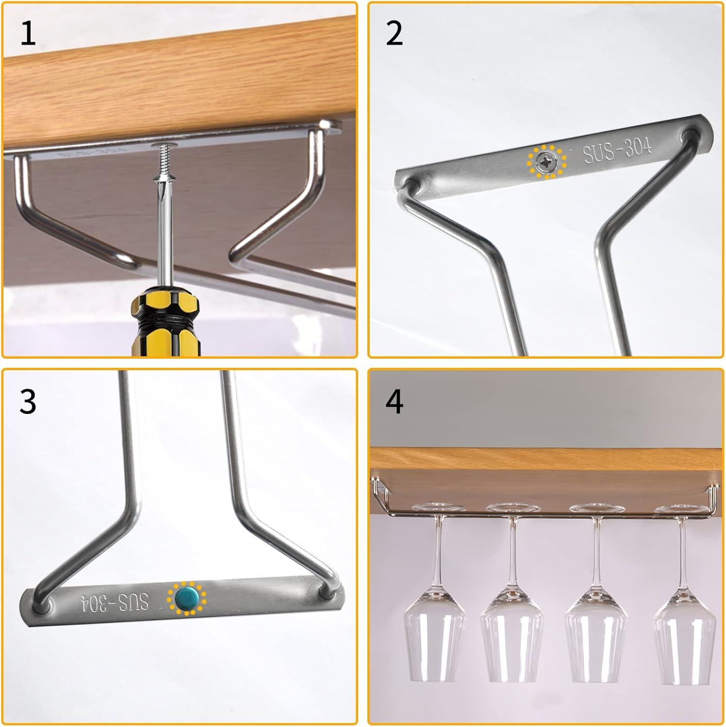 Wine Glass Rack under Cabinet: Stemware Wine Glass Holder Glasses Storage Hanger 2 Pack Single Rail under Shelf Metal Organizer for Bar Kitchen Hanging Glass Goblets Storage Rack Organizer (35 Cm) image number 4