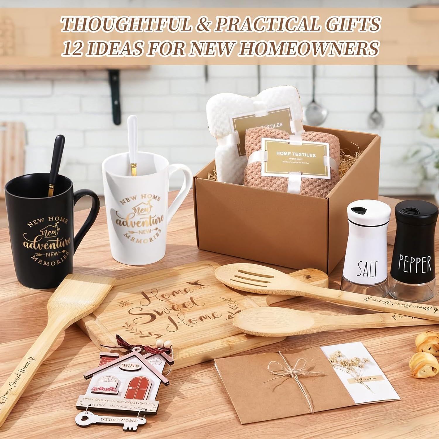 Omebel 12 Pcs House Warming Gifts Basket - New Home Gift Set for Homeowners, Couples, Women & Men | Thoughtful Housewarming Present with Towels, Mugs, Serving Board & Greeting Card image number 6
