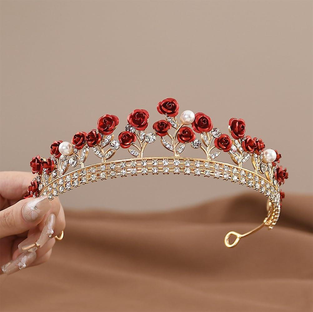 Glitter Red Rose Rhinestone Pearl Tiara Bride Princess Floral Crown Headband Headpiece Hair Jewelry for Wedding Party Birthday