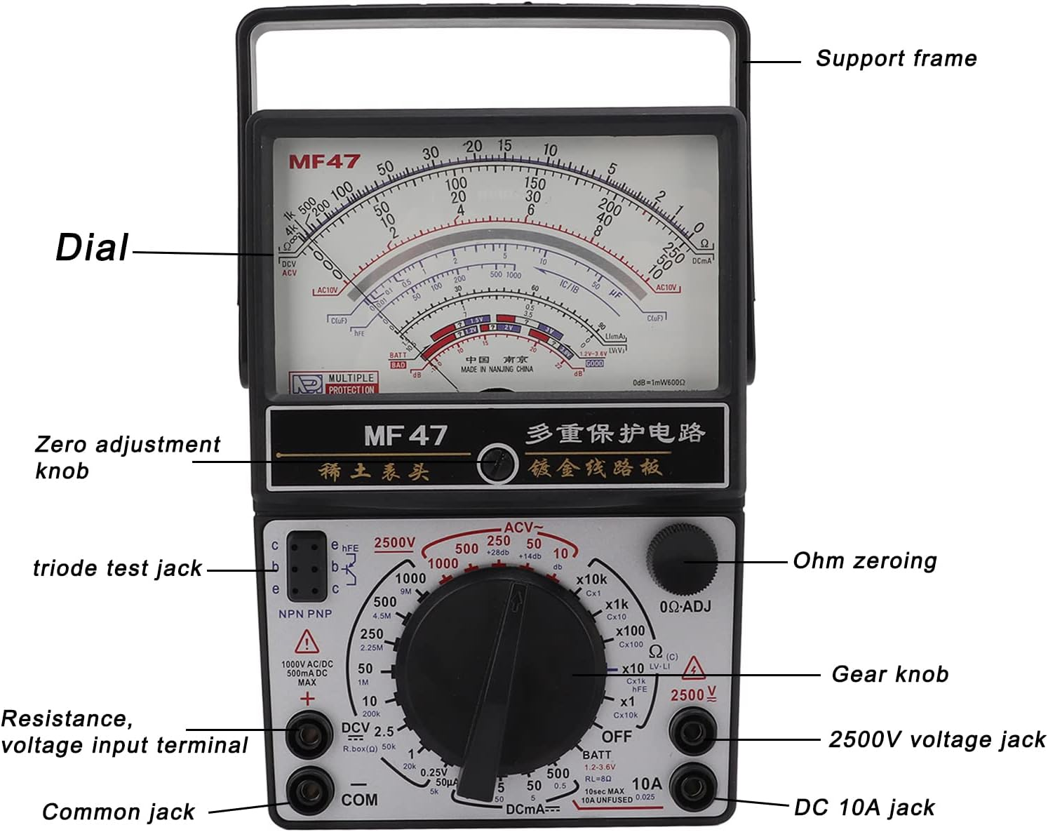 Viagasafamido Analog Multimeter, MF47 AC DC Volt Voltmeter Amp Volt Ohm Voltage Tester Meter with Test Leads