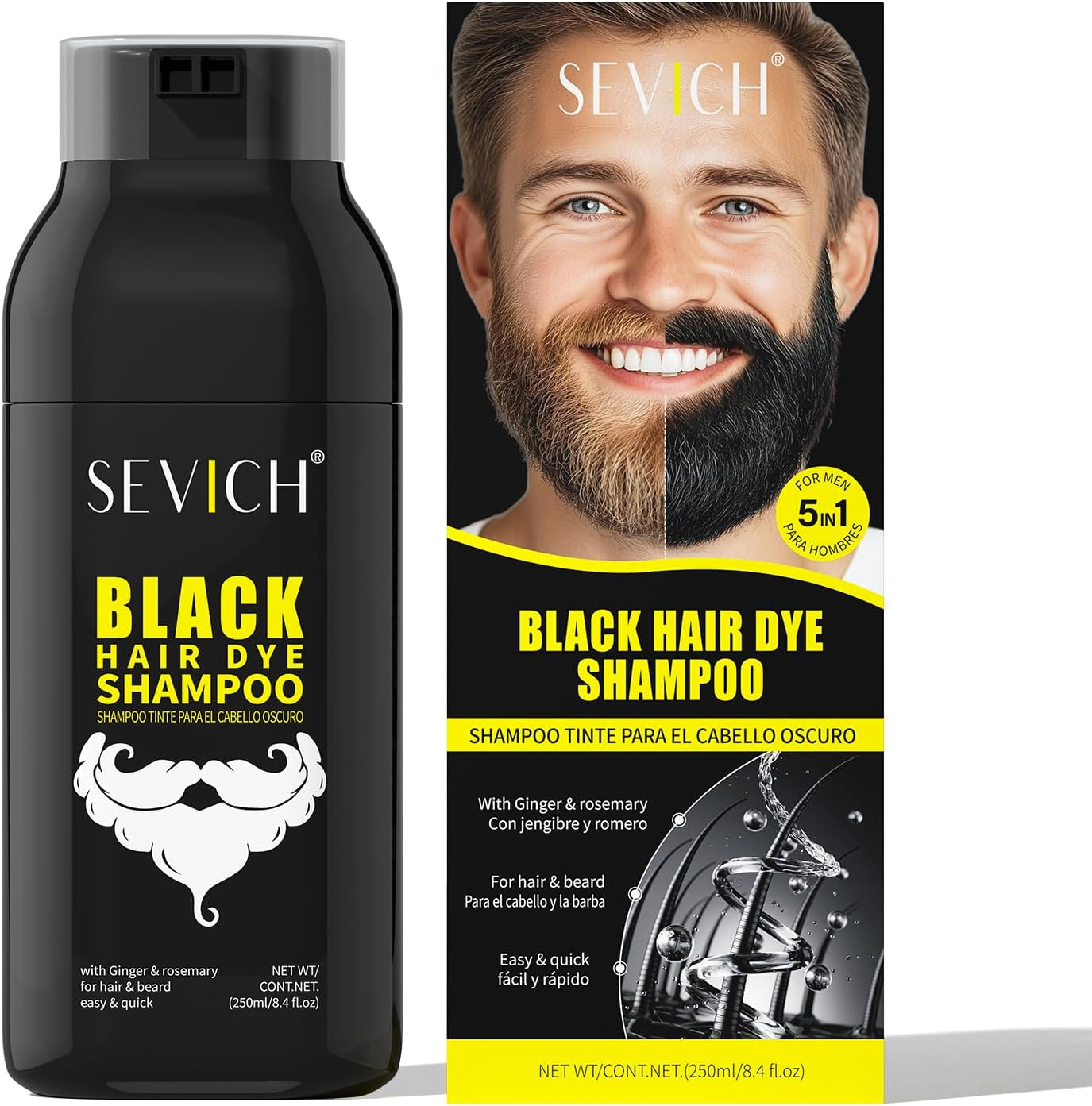 SEVICH Black Hair & Beard Dye Shampoo,Completely Covering the Grey Hair & Beard & Sideburns,5 Hair Care Ingredients in 1Instant Coloring in 15 Minutes,250Ml image number 4