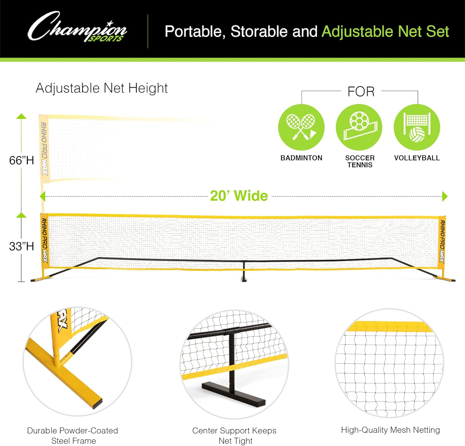Champion Sports Adjustable Racquet Sport Net: Portable Racket Sport Game Net for Volleyball, Tennis, Pickleball, and Badminton - Multiple Widths image number 3
