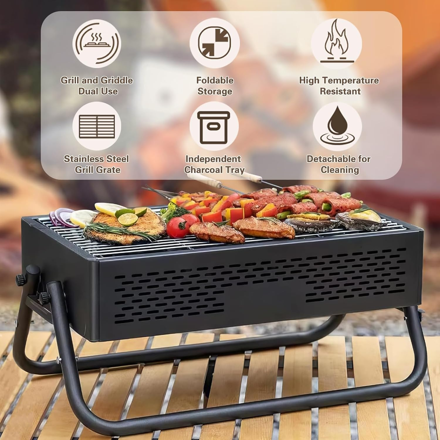 Barbecue Grill, Folding BBQ Tabletop Grill, Portable Barbecue Charcoal Grill, BBQ Tool Kits for Outdoor Grilling Cooking Camping Hiking Picnics Tailgating Backpacking Party